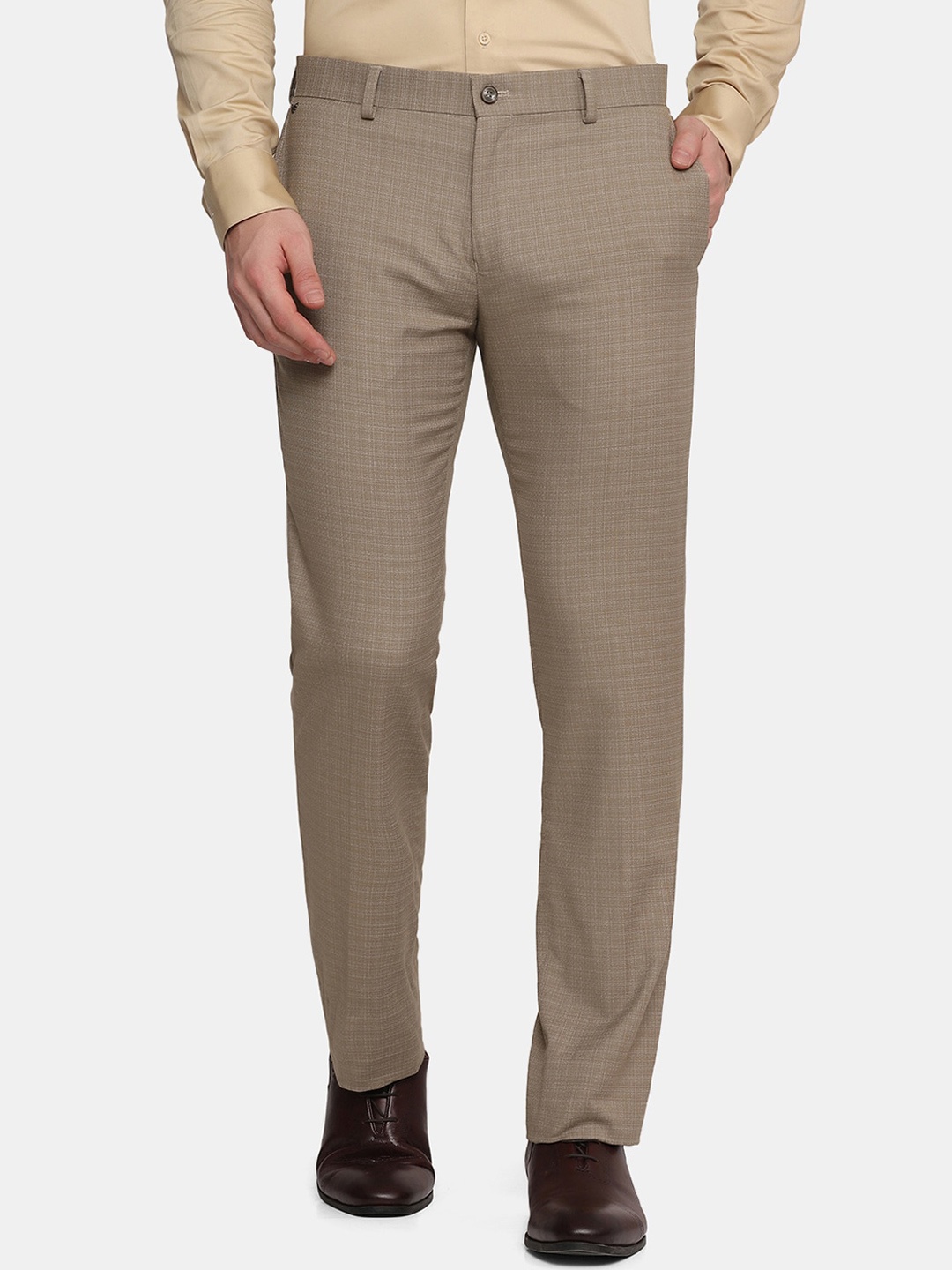 

Blackberrys Men Beige Checked Slim Fit Trousers