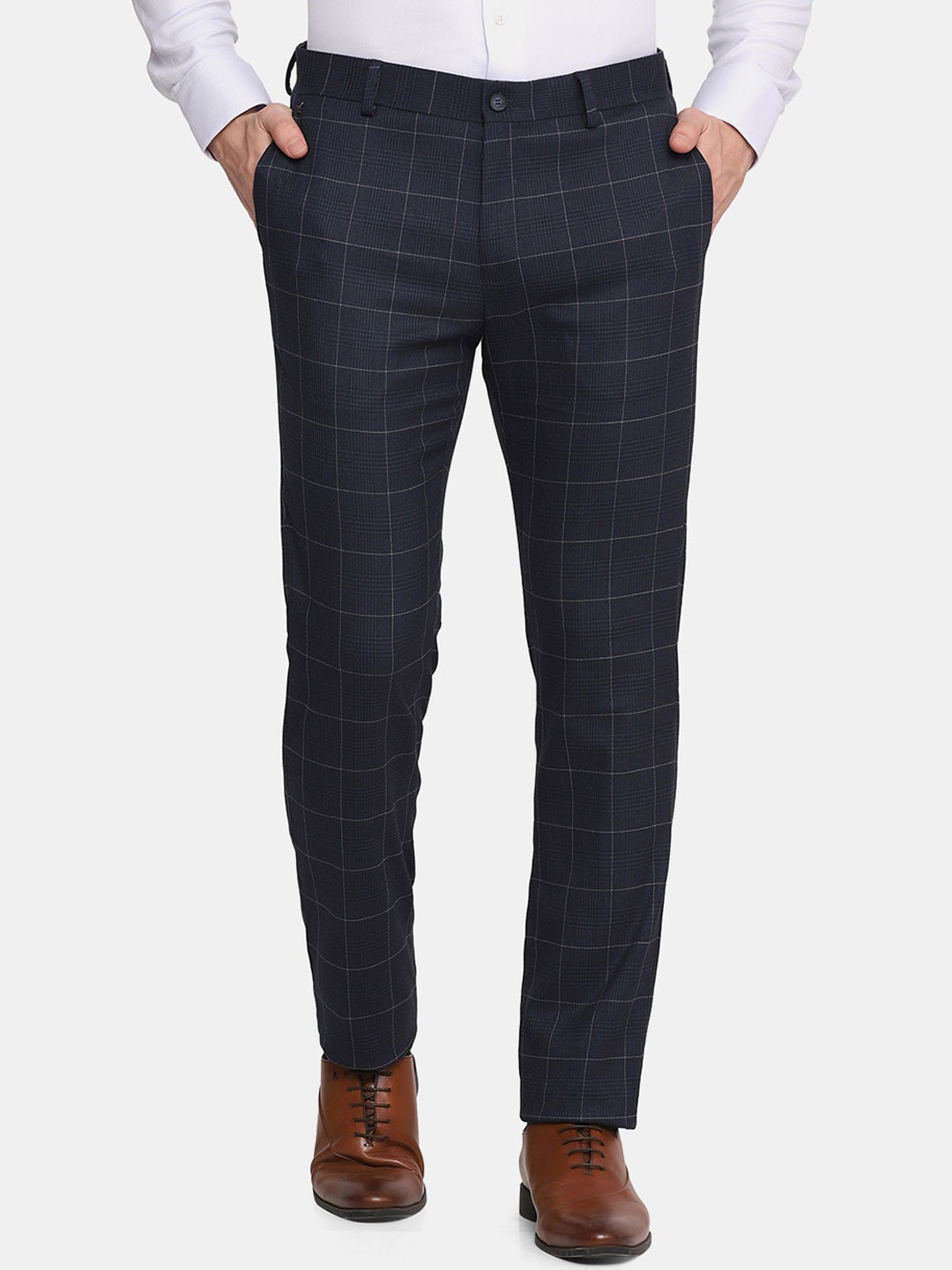

Blackberrys Men Navy Blue Checked Slim Fit Trousers