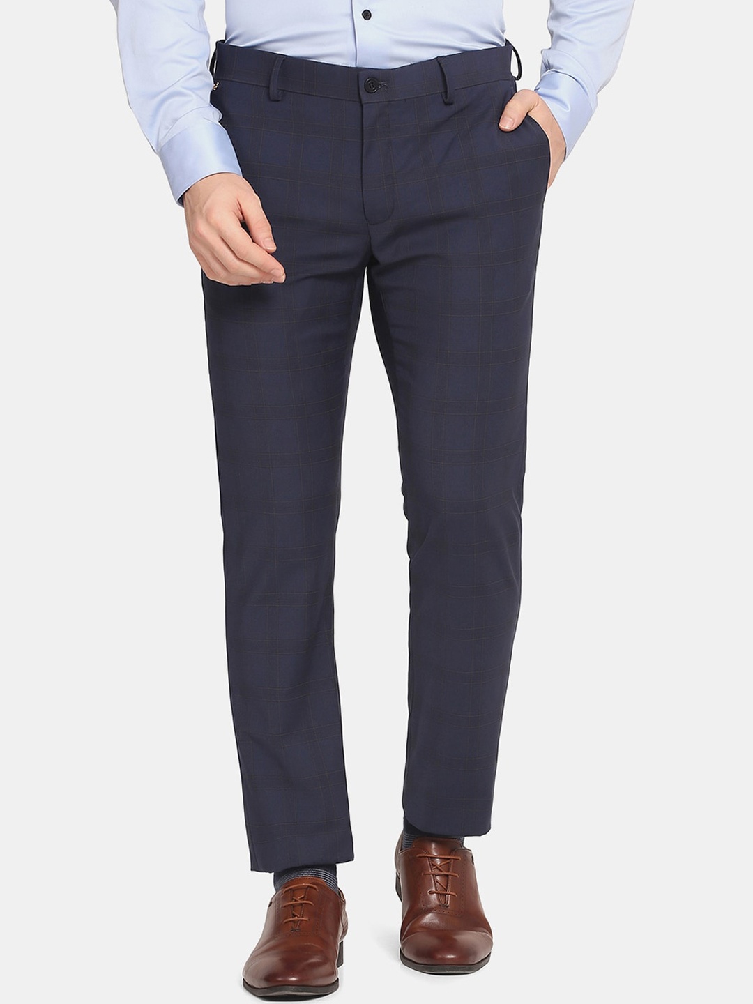 

Blackberrys Men Navy Blue Checked Slim Fit Formal Trousers
