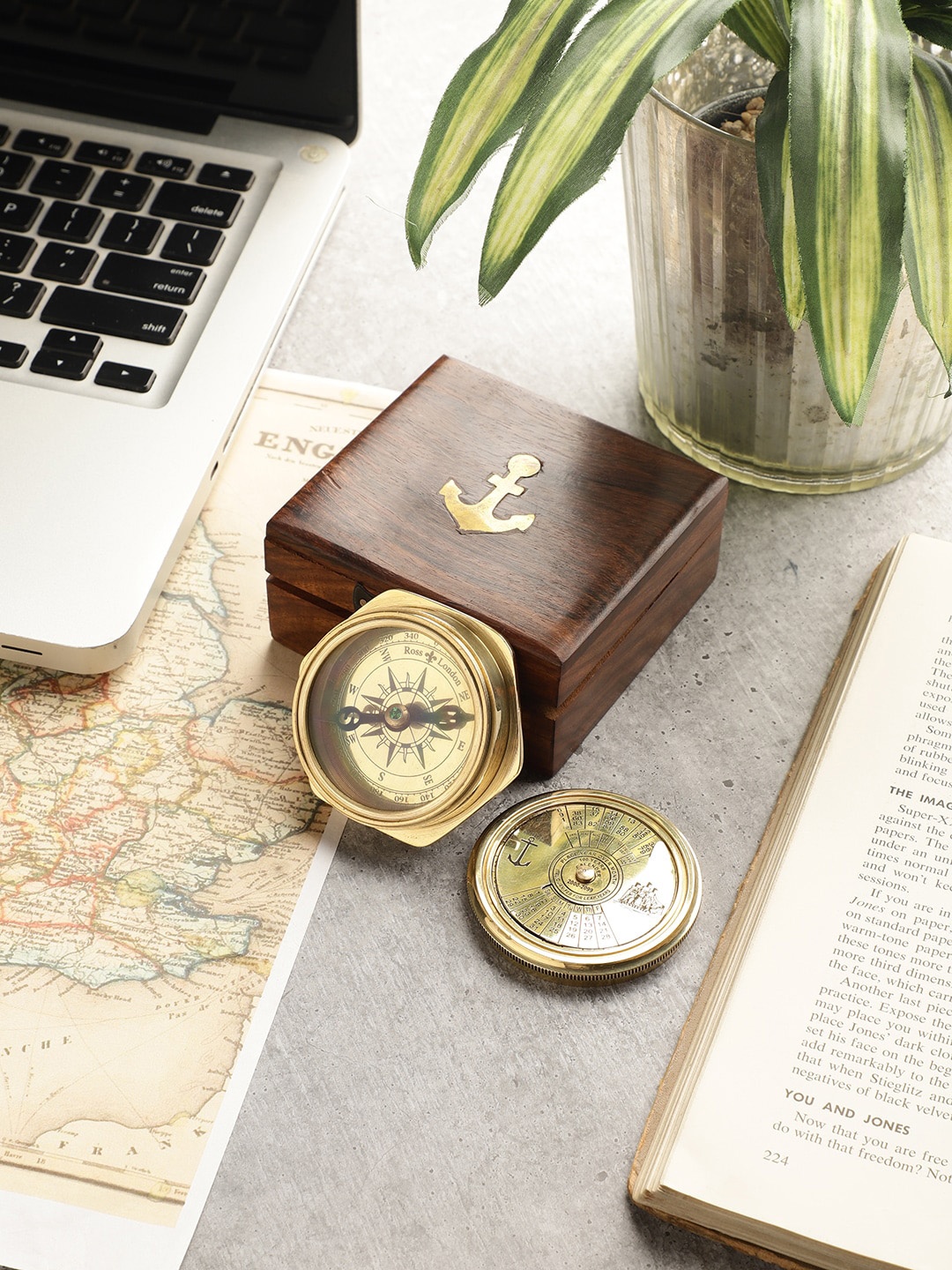 

EXIM DECOR Brown & Gold Toned Compass & Calendar With Wooden Box