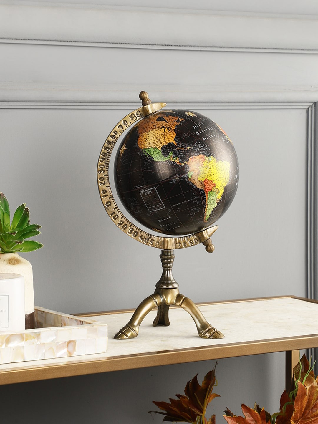 

EXIM DECOR Black & Gold-Toned Printed Globe With Antqiue Finish Metal Tri Stand