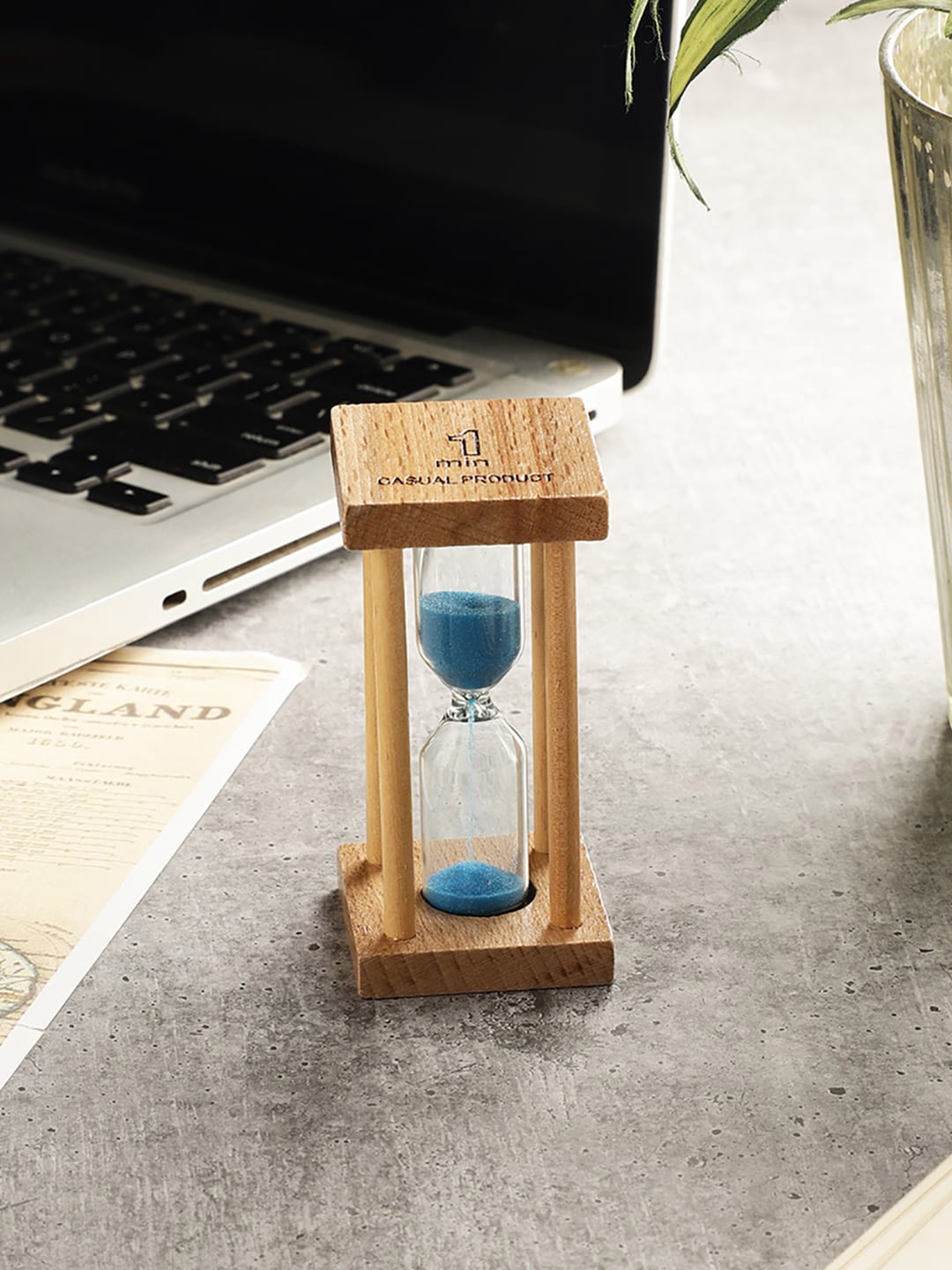 

EXIM DECOR Blue & Brown Wooden Square Four Pillar 1 Minute Sand Timer Showpiece