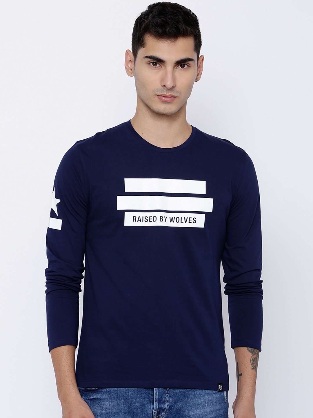 

LOCOMOTIVE Men Navy Slim Fit Printed Round Neck Pure Cotton T-shirt, Navy blue