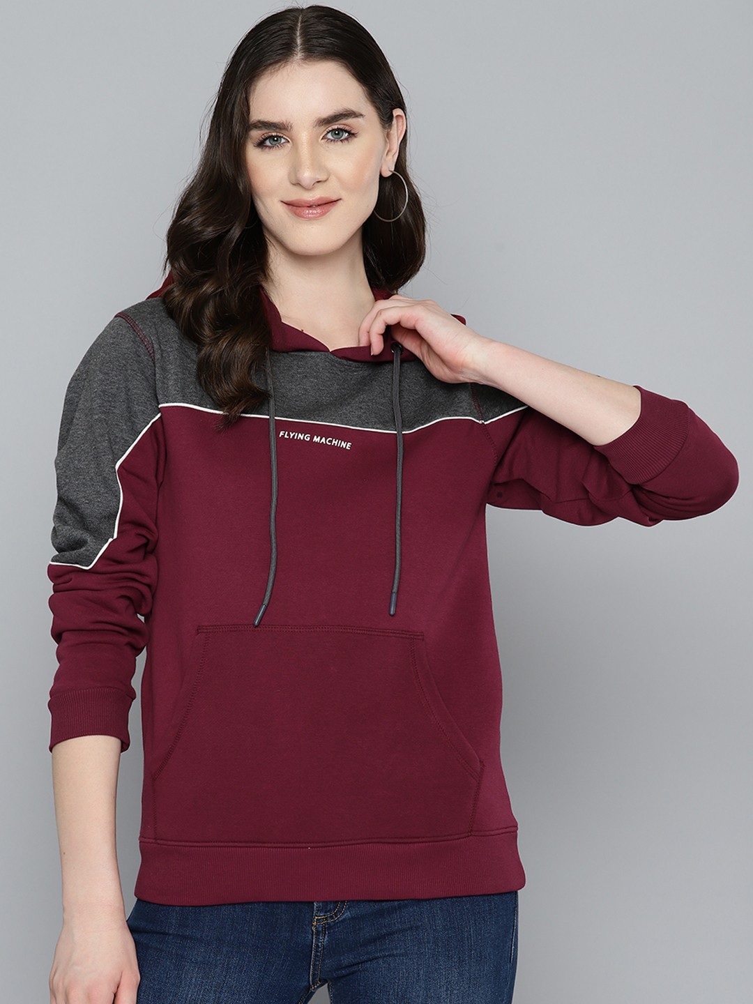

Flying Machine Colourblocked Hooded Sweatshirt, Maroon