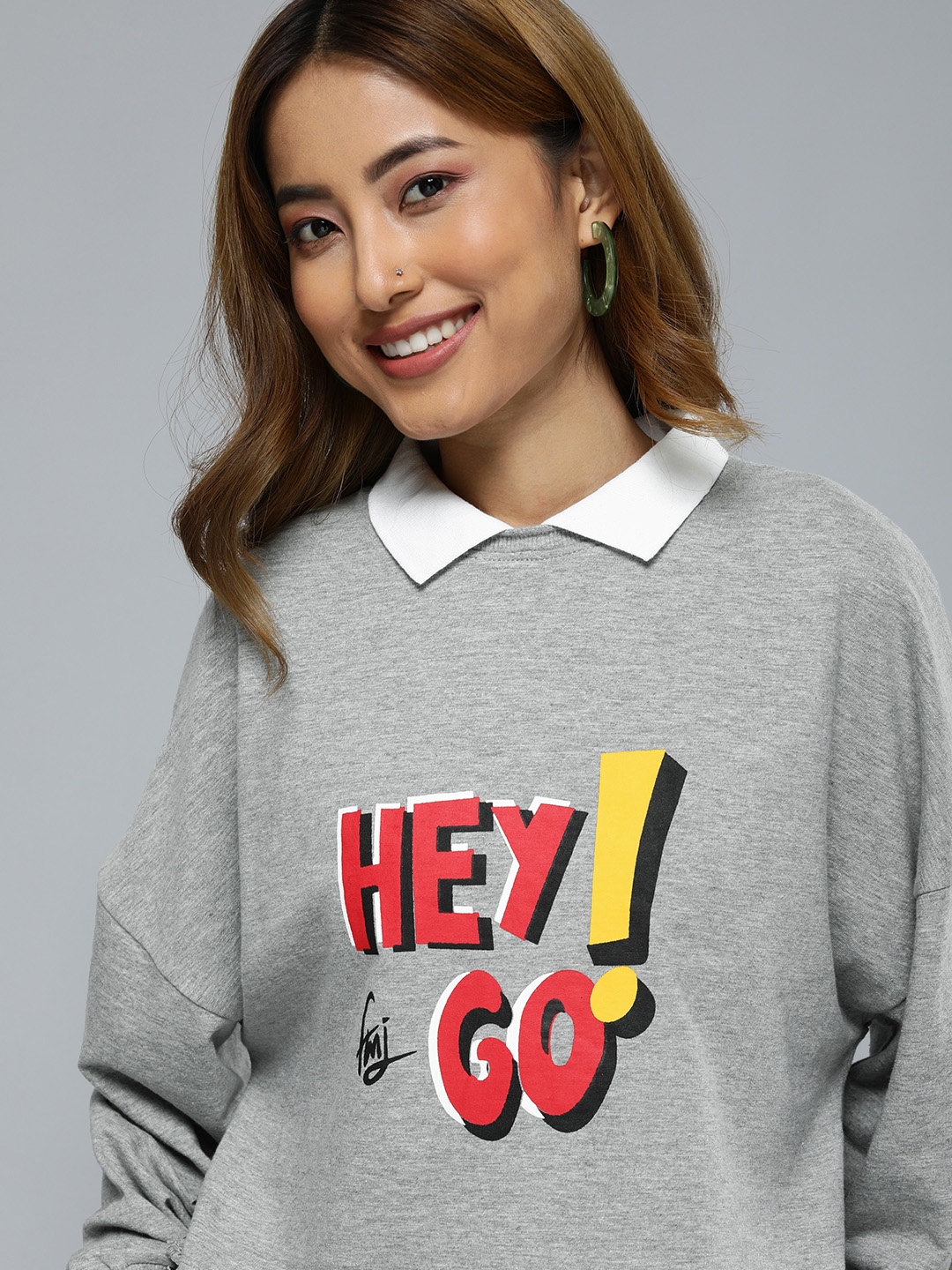 

Flying Machine Women Printed Lightweight Collared Sweatshirt, Grey