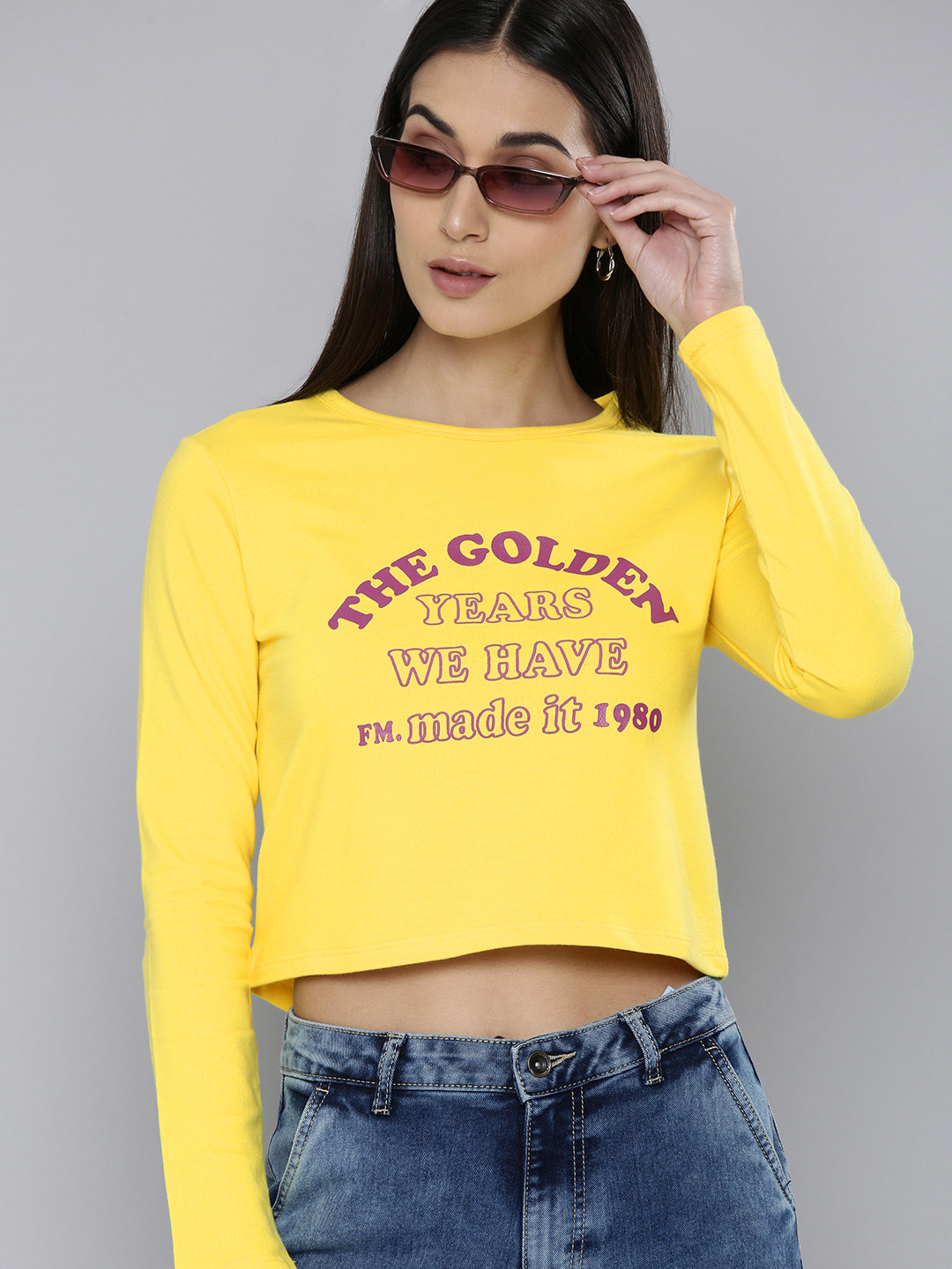 

Flying Machine Women Yellow Lightweight Printed Pure Cotton Knitted Crop Sweatshirt