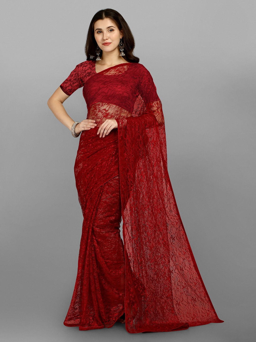 

YOYO Fashion Women Maroon Self-Design Net Saree With Blouse