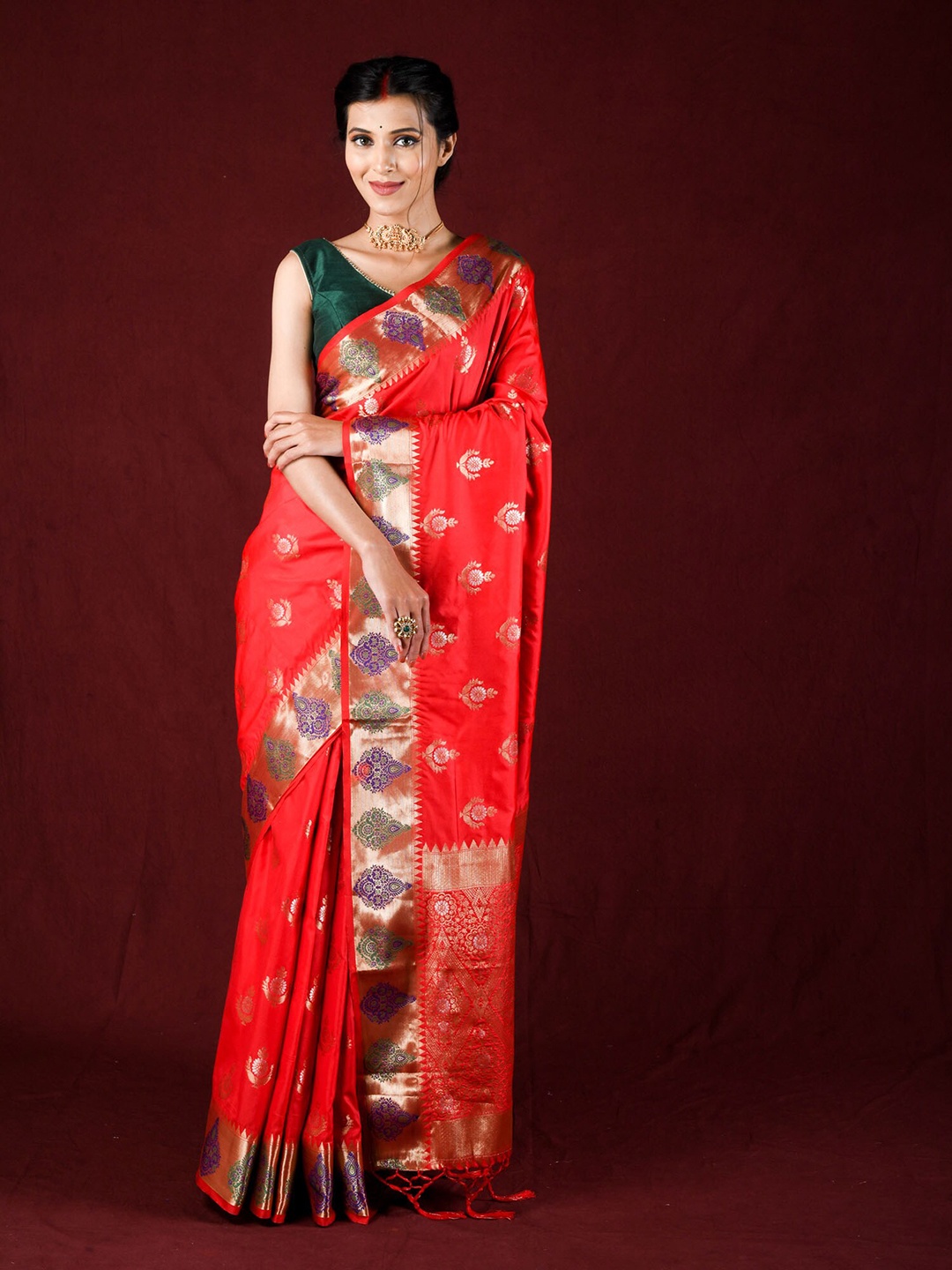 

Exclusiva Red & Purple Woven Design Zari Silk Blend Saree