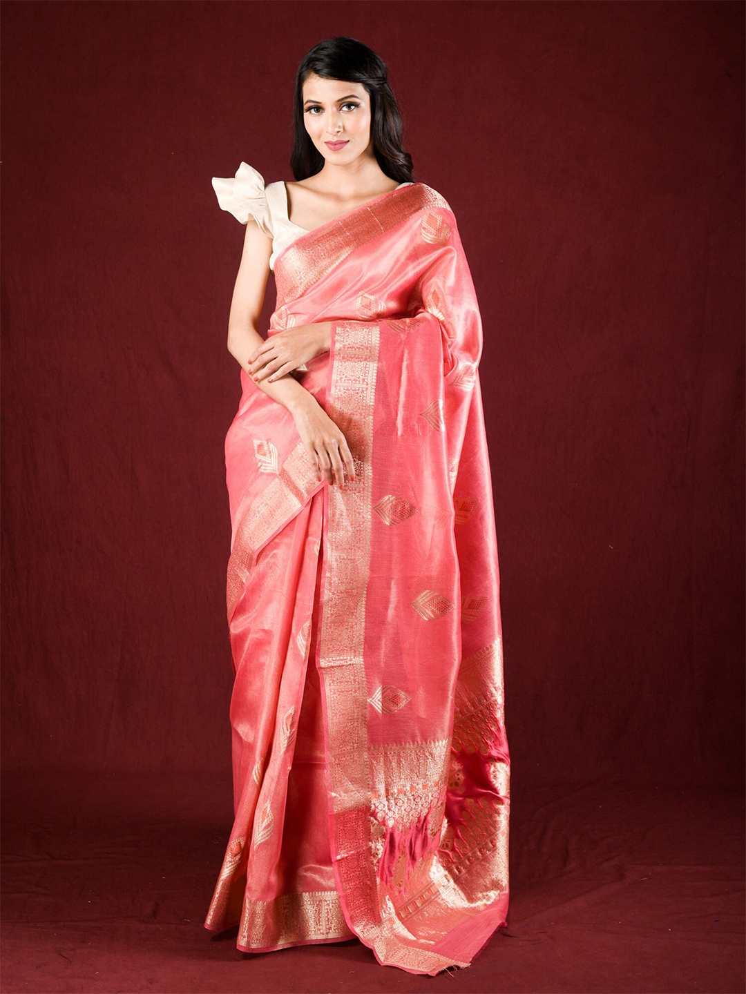 

Exclusiva Pink & Gold-Toned Ethnic Motifs Zari Tissue Saree