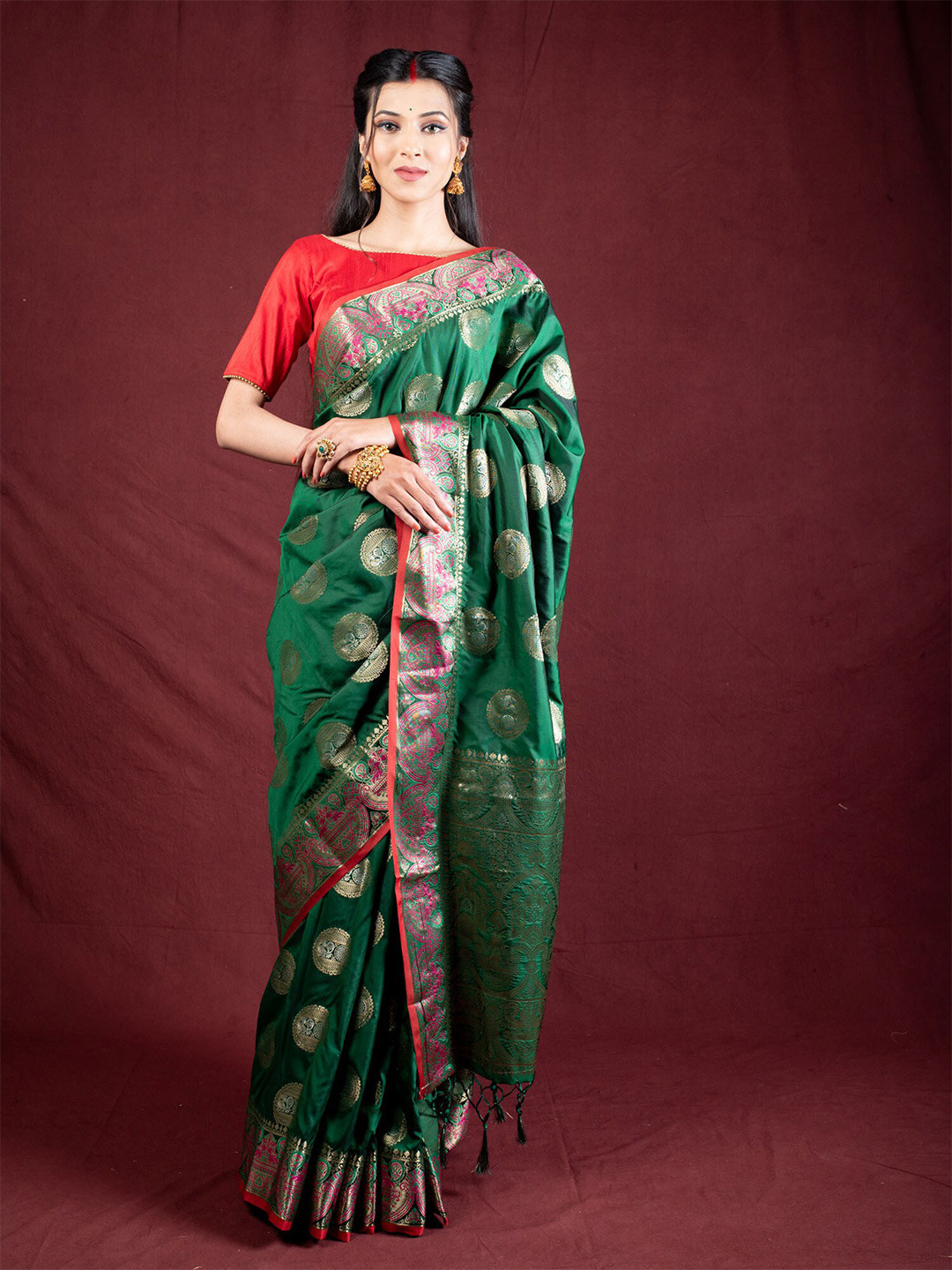 

Exclusiva Green & Pink Ethnic Motifs Zari Saree
