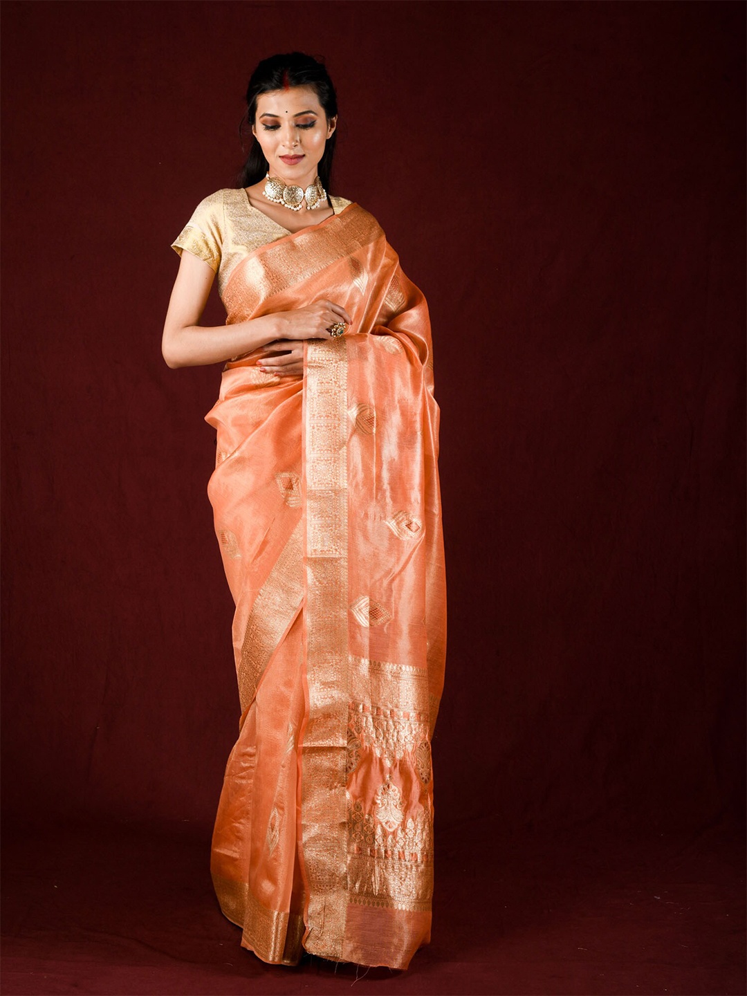 

Exclusiva Orange & Gold-Toned Ethnic Motifs Zari Tissue Saree