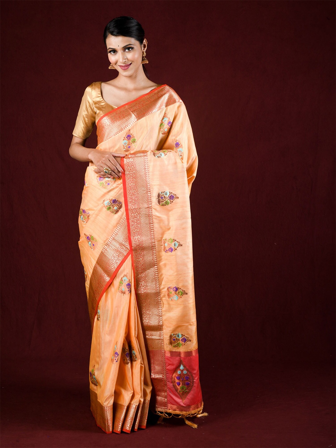 

Exclusiva Orange & Red Woven Design Zari Silk Blend Saree