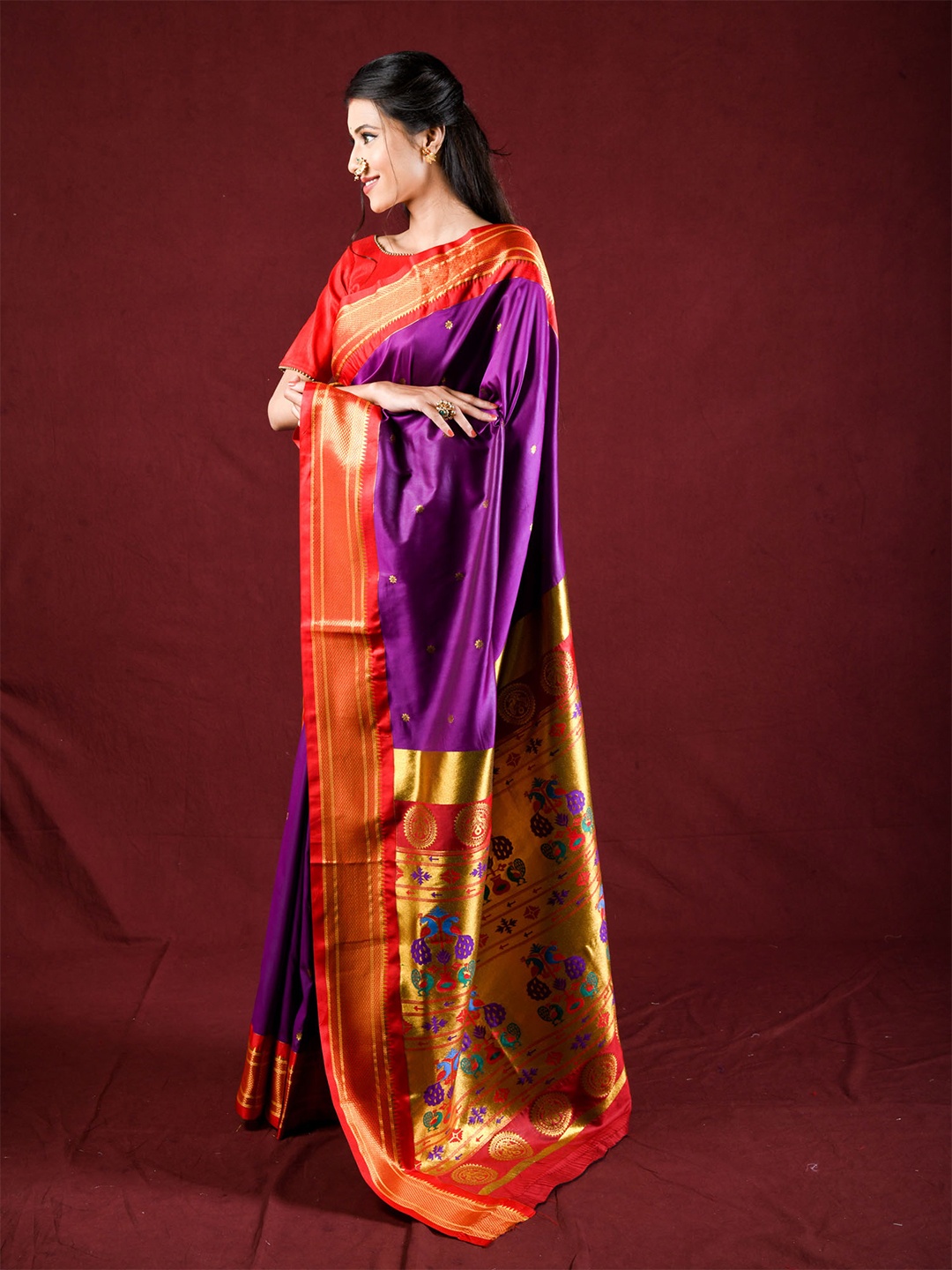 

Exclusiva Violet & Red Woven Design Zari Silk Blend Paithani Saree