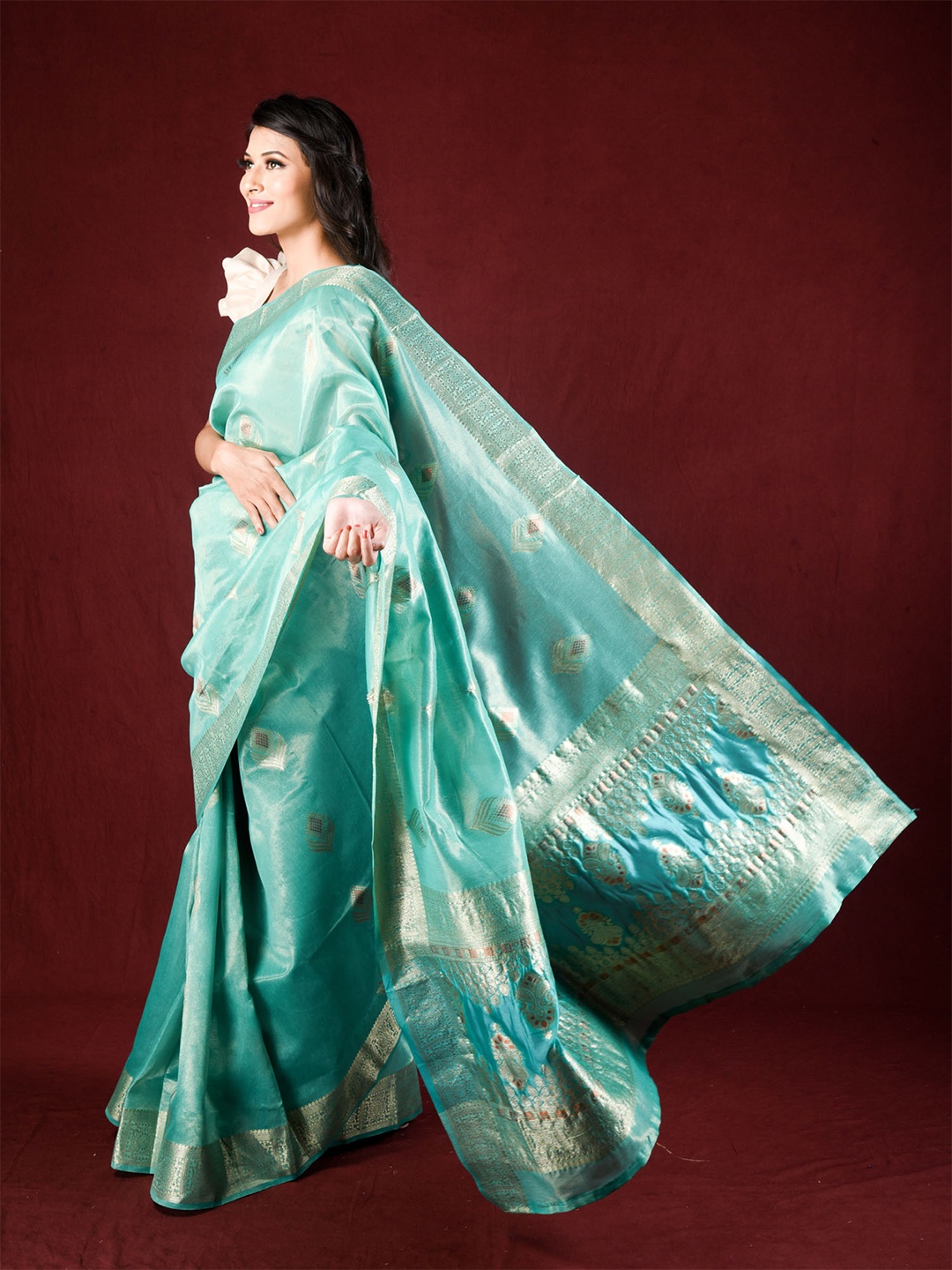 

Exclusiva Blue & Gold-Toned Ethnic Motifs Zari Tissue Saree
