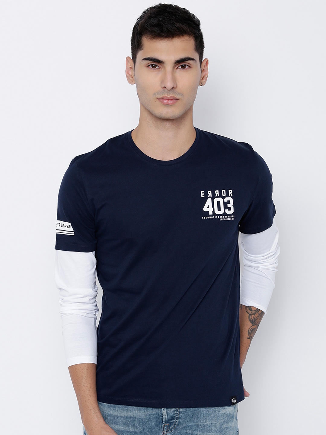 

LOCOMOTIVE Men Navy Solid Round Neck Slim Fit Pure Cotton T-shirt, Navy blue