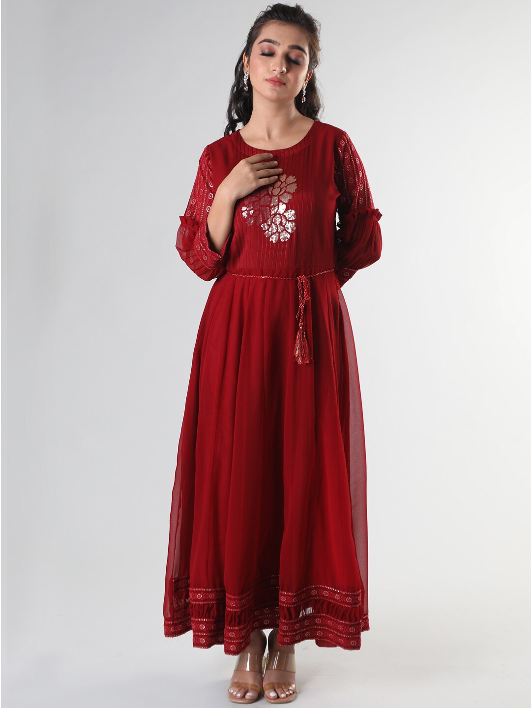

taruni Women Maroon Sequenced Maxi Long Ethnic Dress