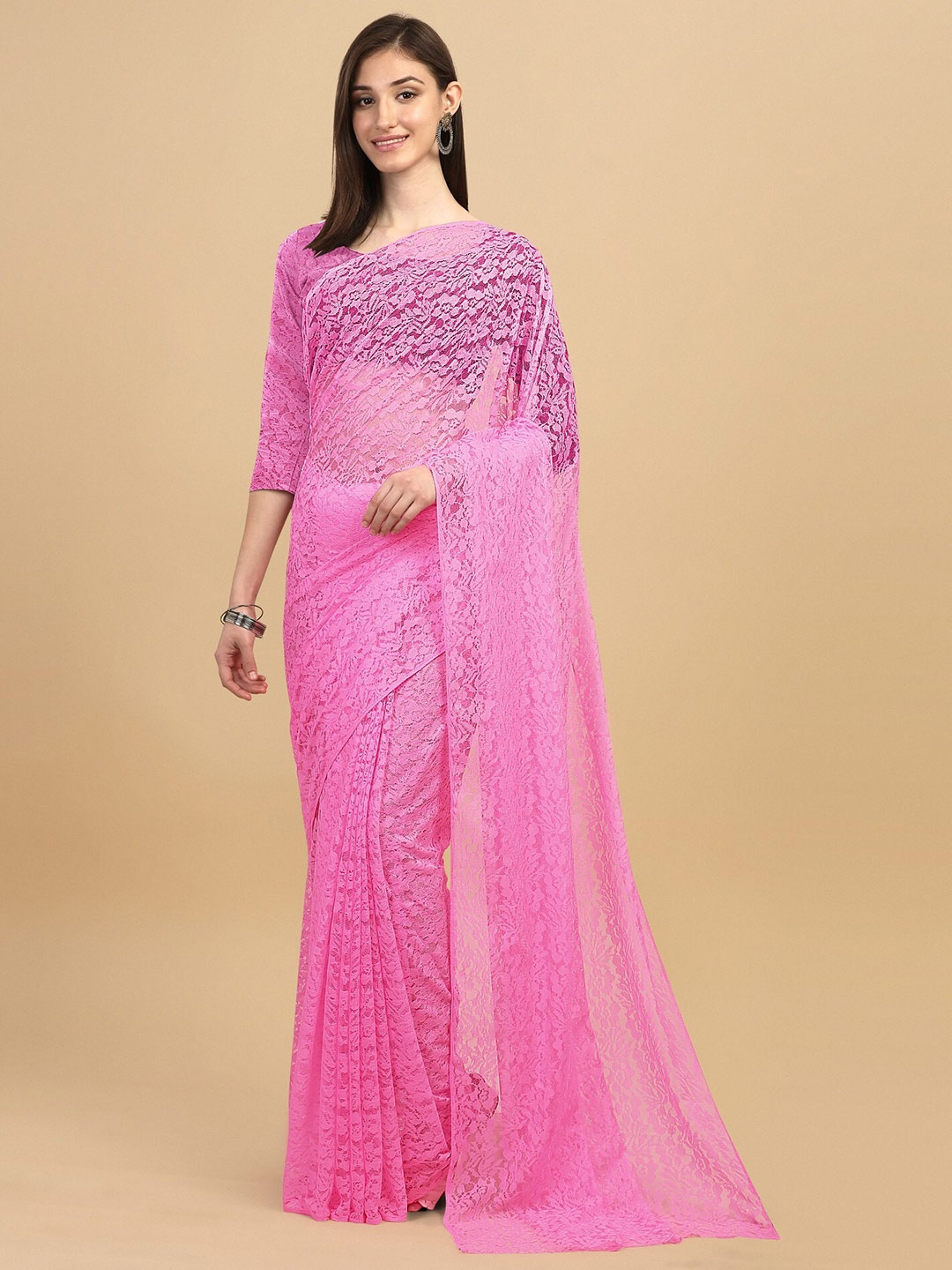 

ORUS Pink Floral Net Saree