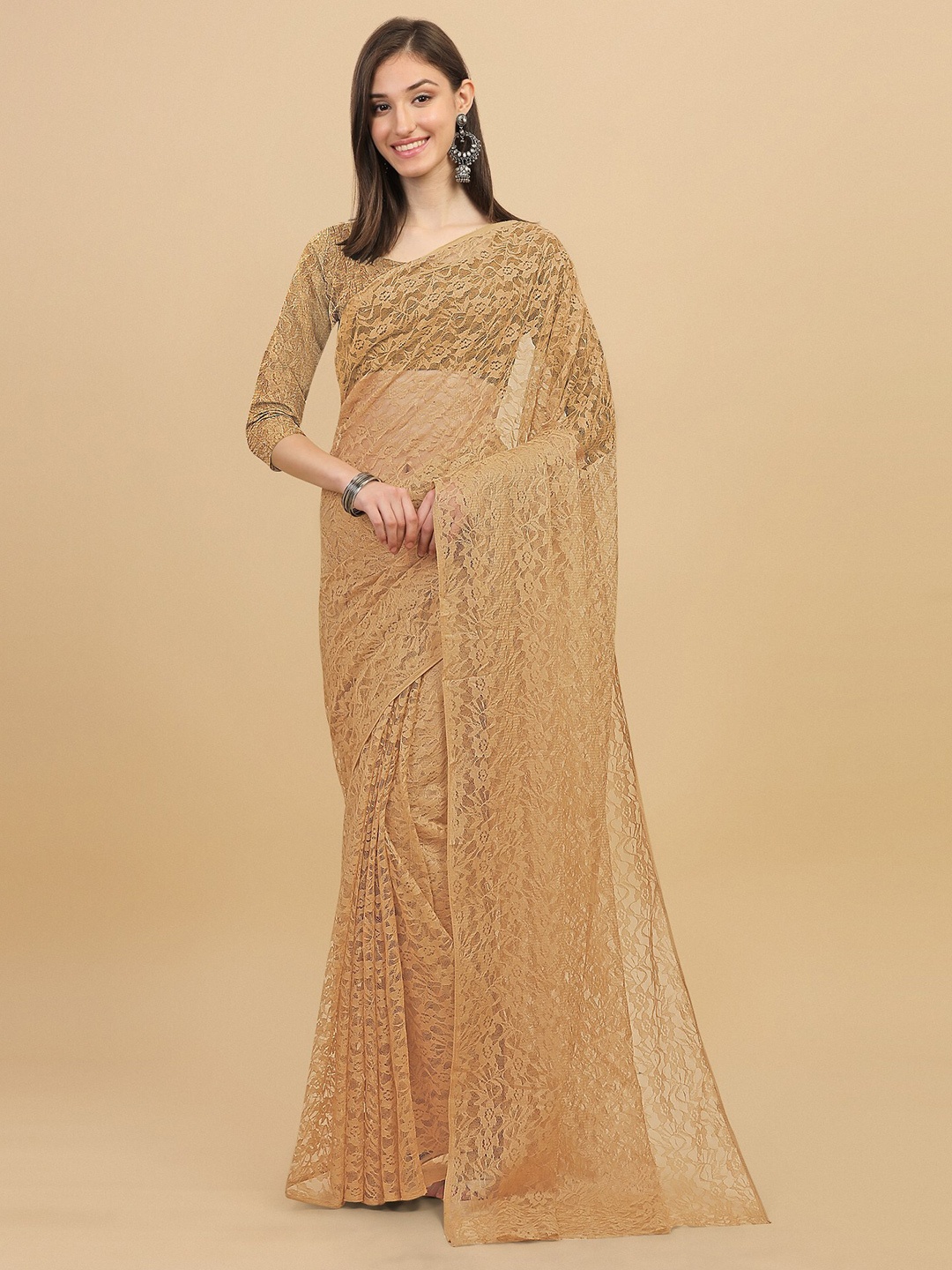 

ORUS Bollywood Fashion Beige Floral Patchwork Net Saree