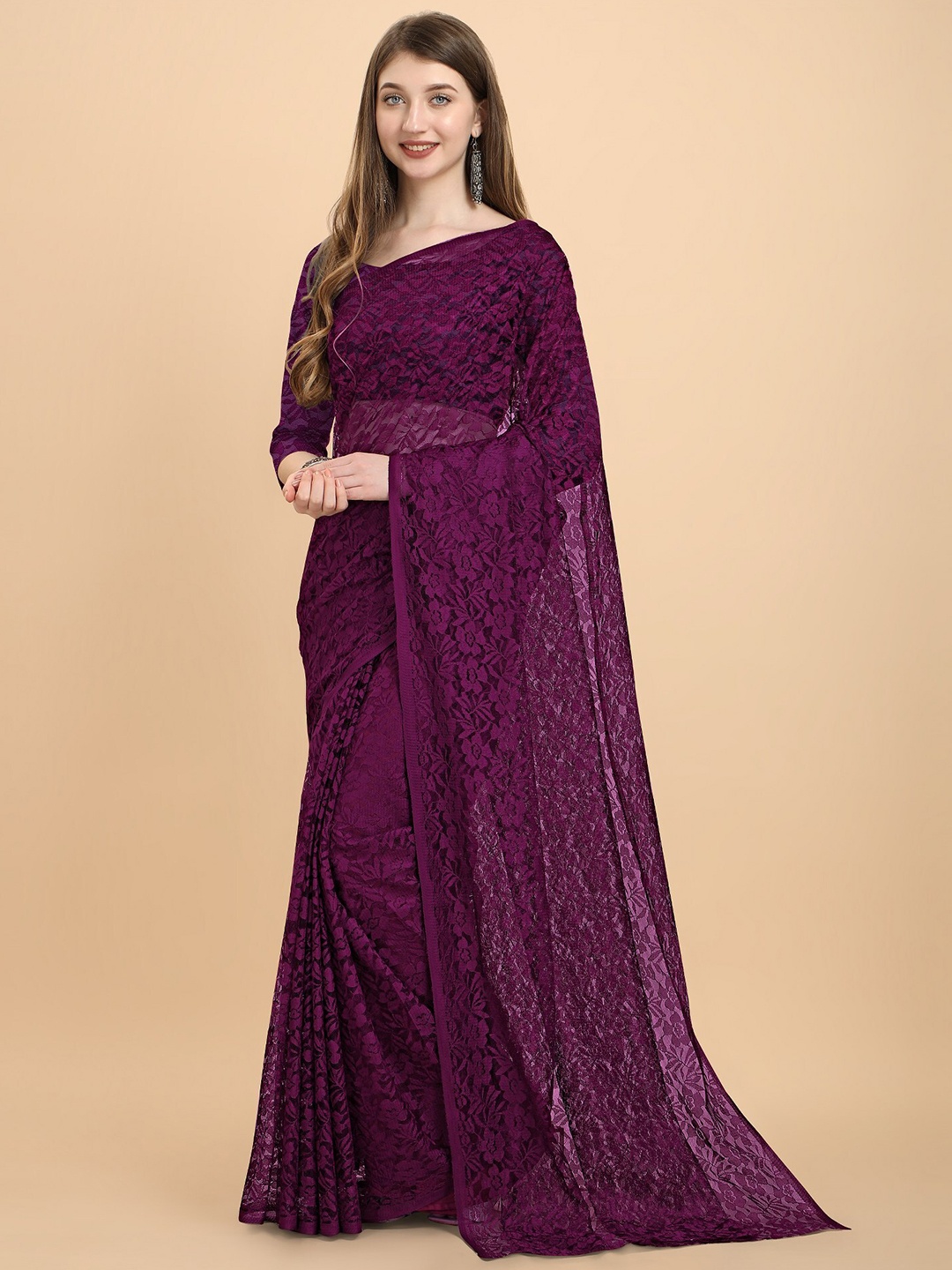 

ORUS Bollywood Fashion Purple Floral Woven Design Net Saree