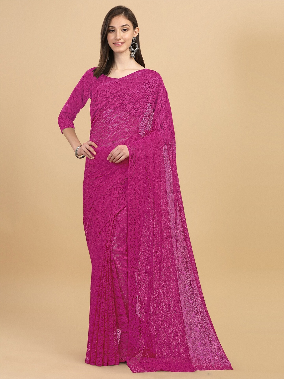 

ORUS Bollywood Fashion Magenta Floral Woven Design Net Saree