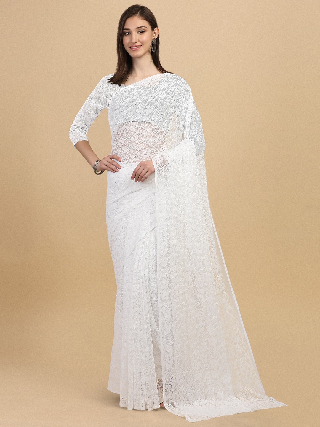 

ORUS White Floral Net party Wear Saree