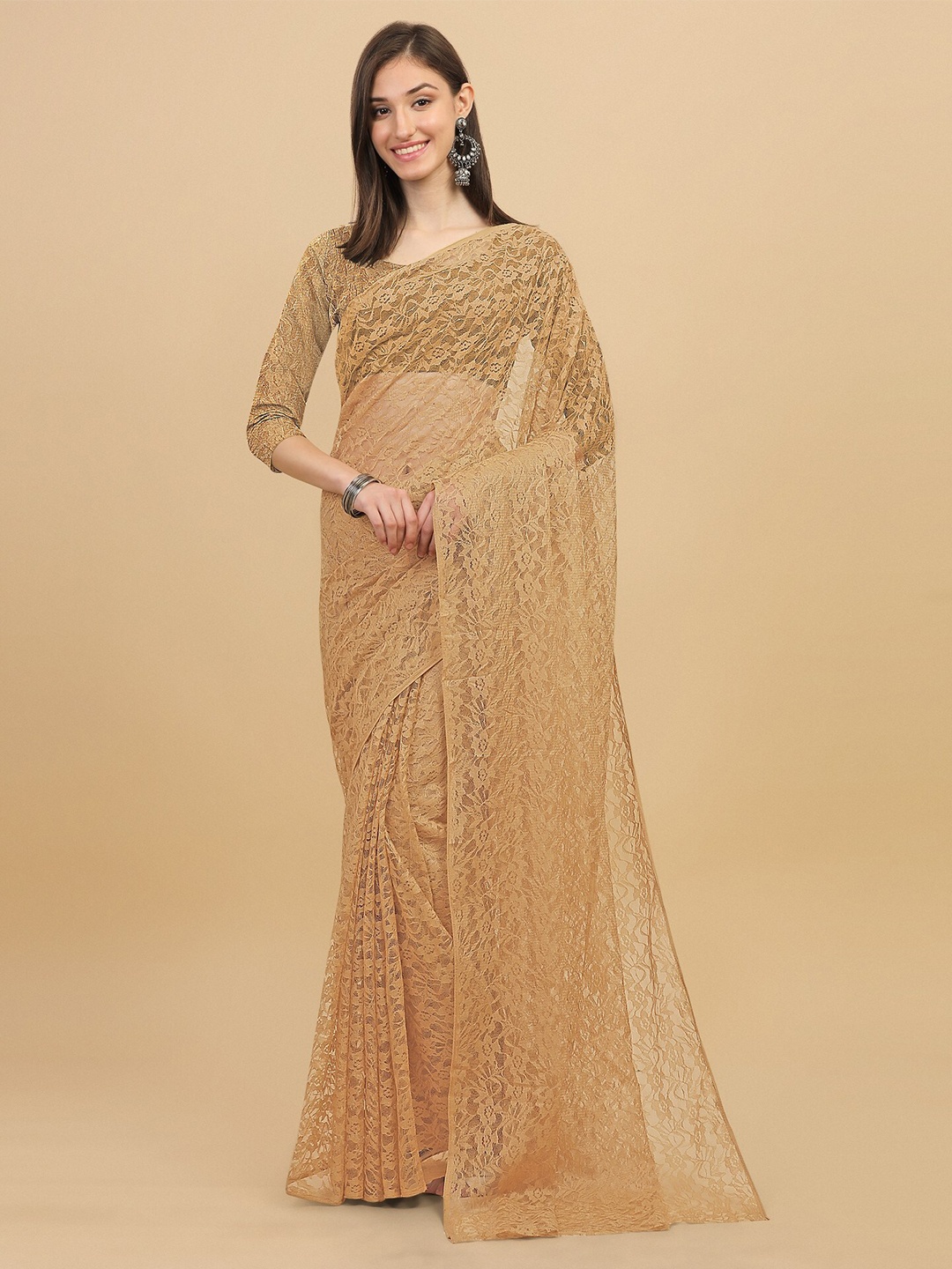 

ORUS Beige Floral Net party Wear Saree