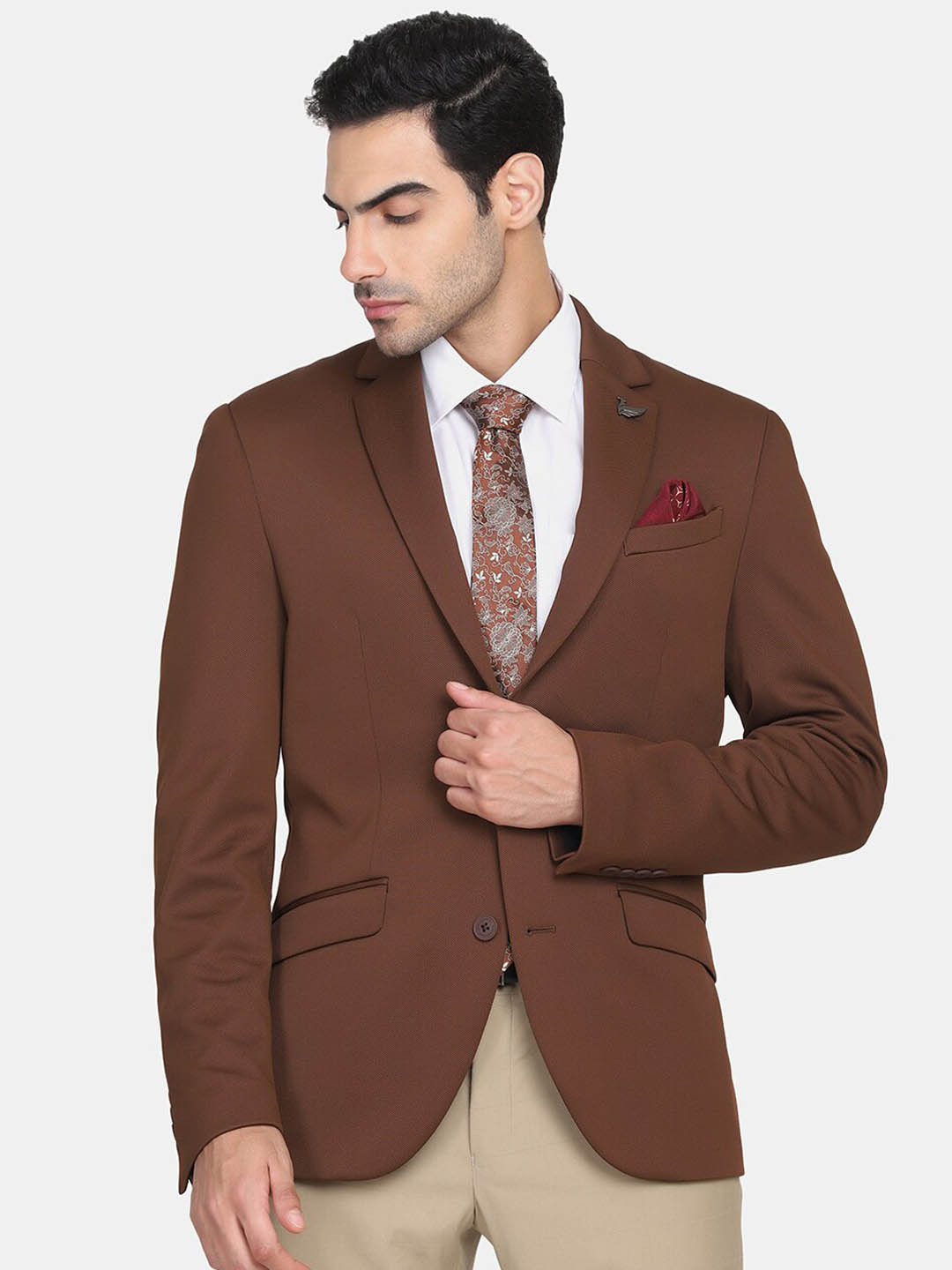 

Blackberrys Men Brown Solid Single Breasted Slim-Fit Blazer