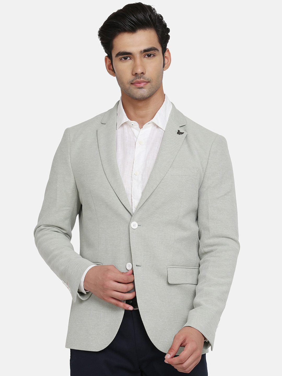 

Blackberrys Men Green Self Design Slim-Fit Single Breasted Formal Blazers