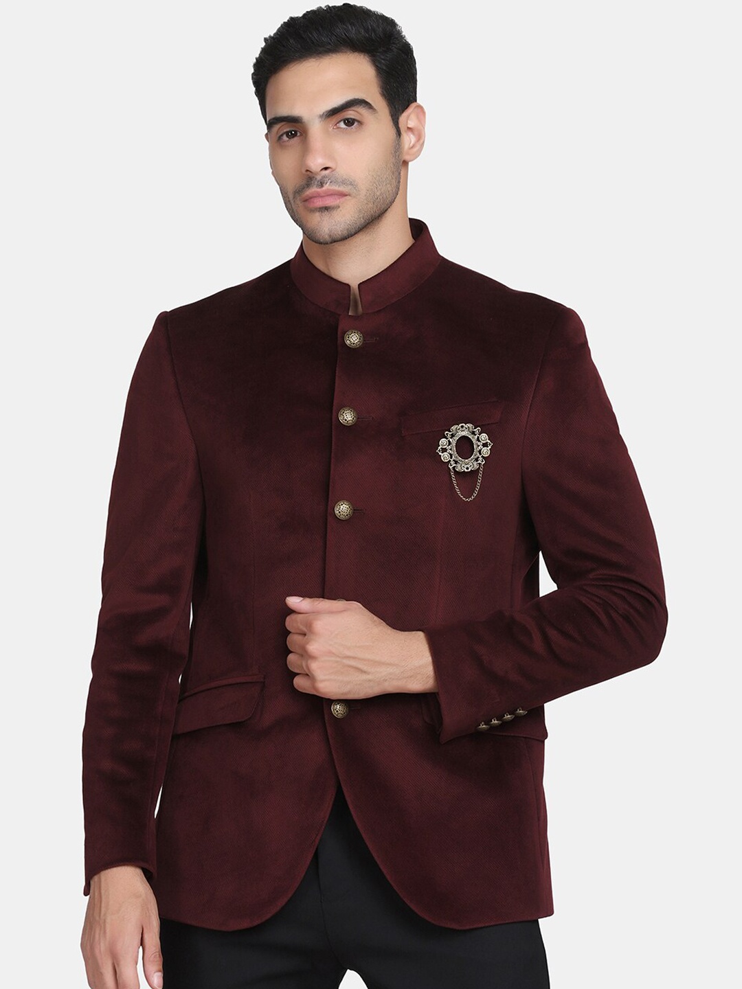

Blackberrys Men Maroon Solid Slim Fit Velvet Bandhgala Formal Blazers