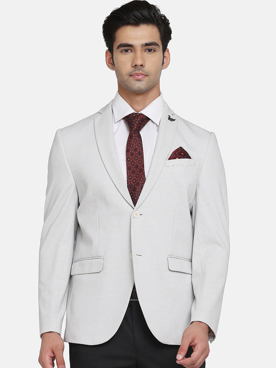 

Blackberrys TechPro Collection Men Beige Striped Single-Breasted Slim-Fit Cotton Formal Blazers