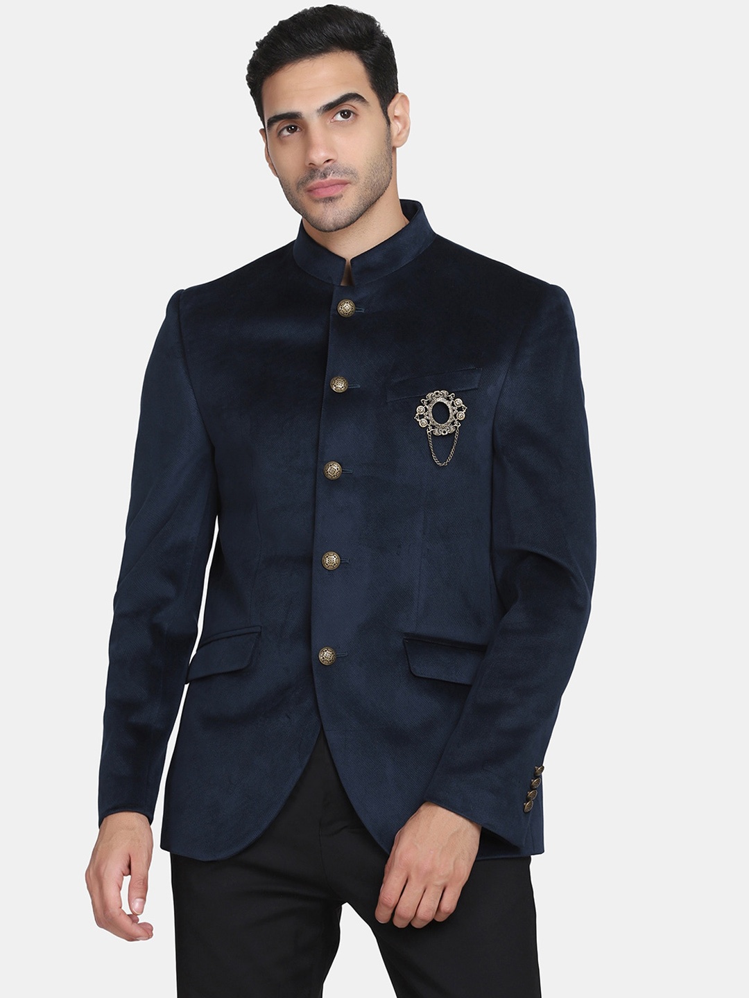 

Blackberrys Men Navy Blue Solid Velvet Bandhgala Slim-Fit Formal Blazer