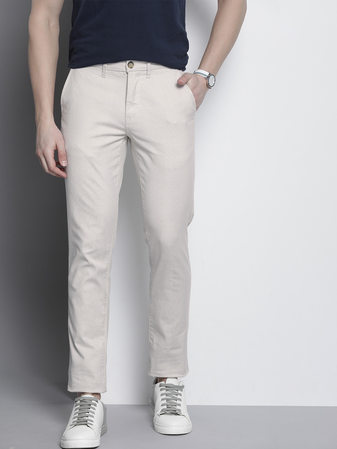 

Nautica Men Checked Slim Fit Trousers, Off white