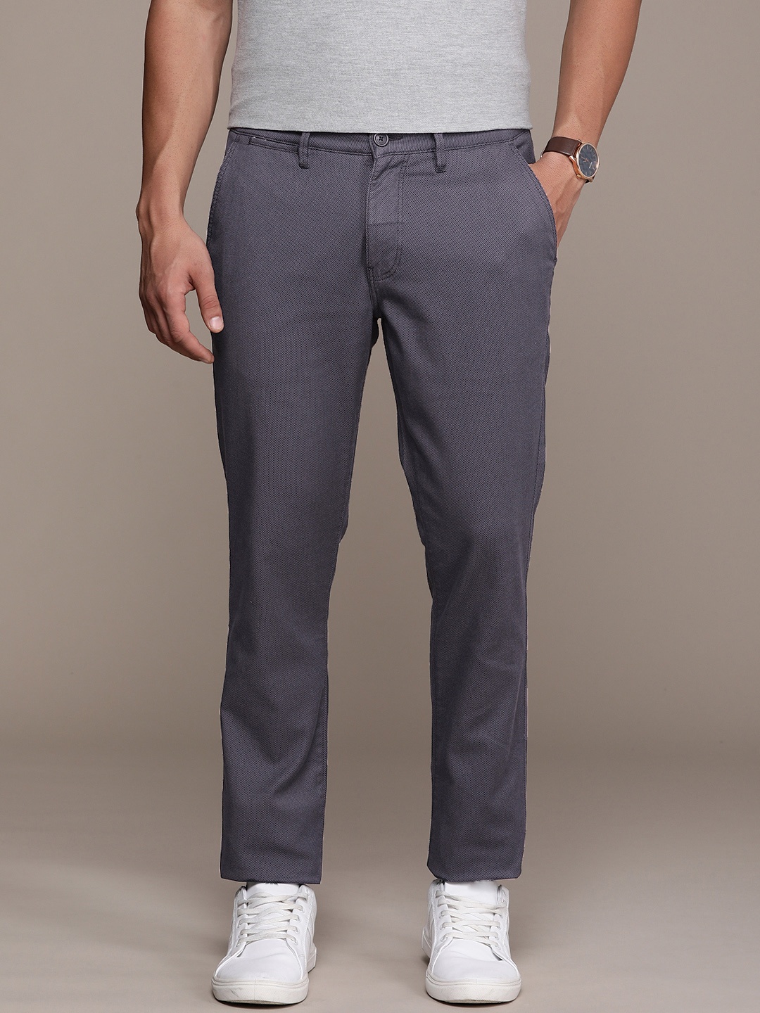 

Nautica Men Mid Rise Self Design Textured Slim Fit Chinos Trousers, Blue