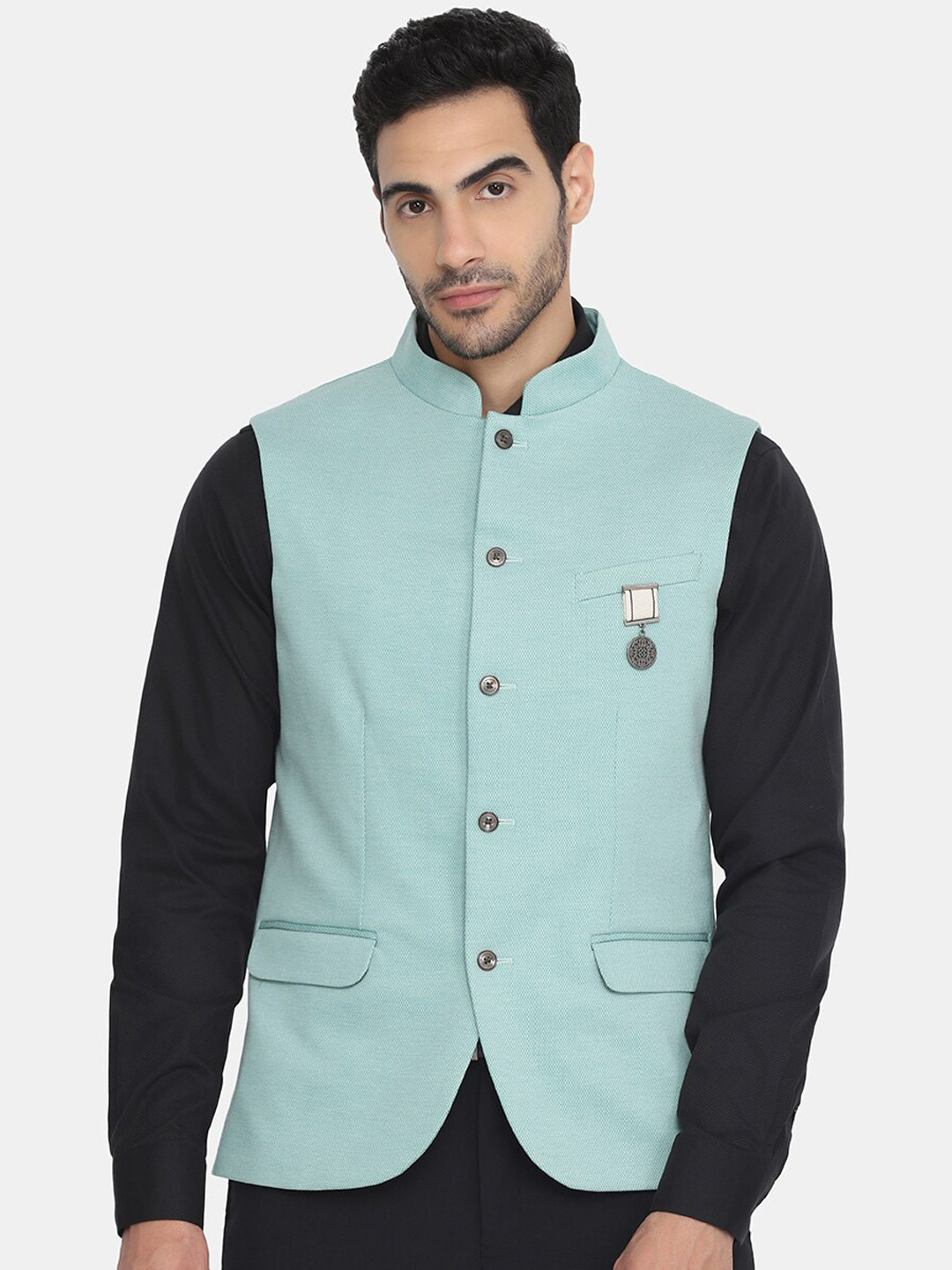 

Blackberrys Men Green Solid Slim-Fit Woven Nehru Jacket