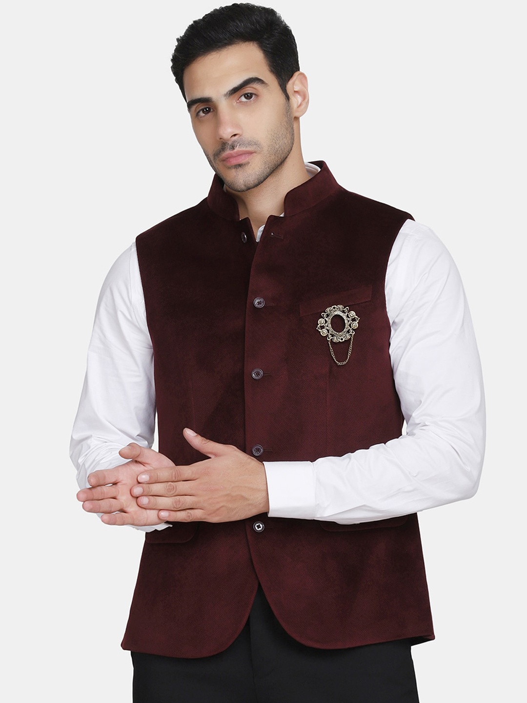 

Blackberrys Men Maroon Solid Slim-Fit Woven Nehru Jacket