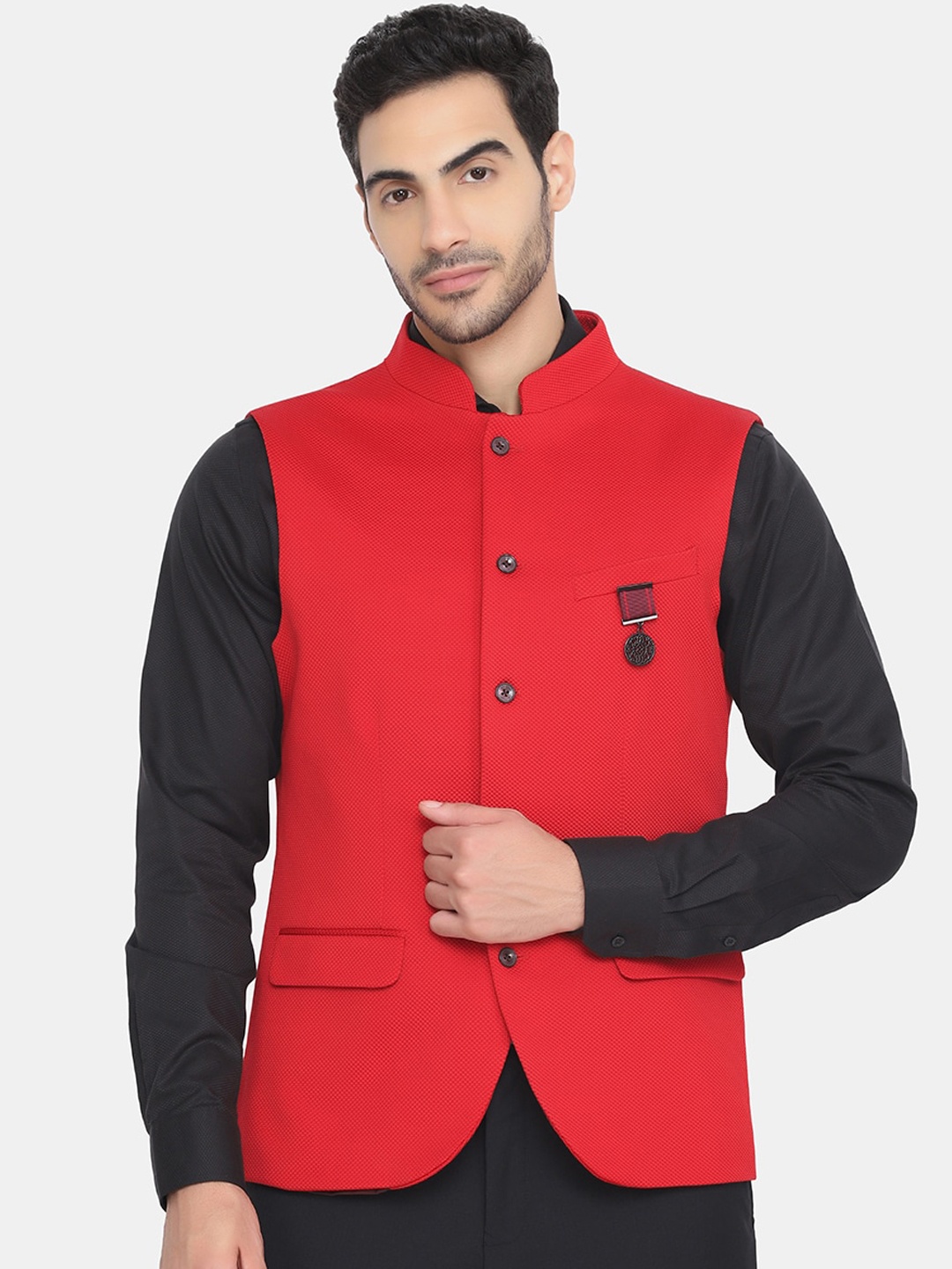 

Blackberrys Men Plus Size Red Solid Slim-Fit Woven Nehru Jacket
