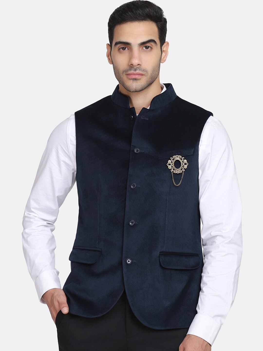 

Blackberrys Men Plus Size Navy Blue Solid Slim-Fit Woven Velvet Waistcoat