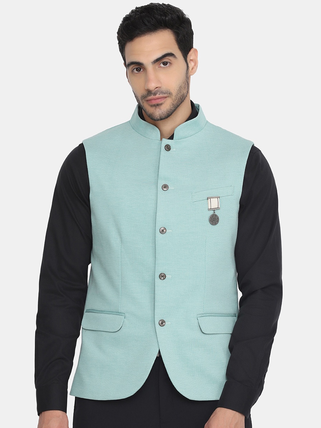 

Blackberrys Plus Size Men Green Solid Slim-Fit Nehru Jacket