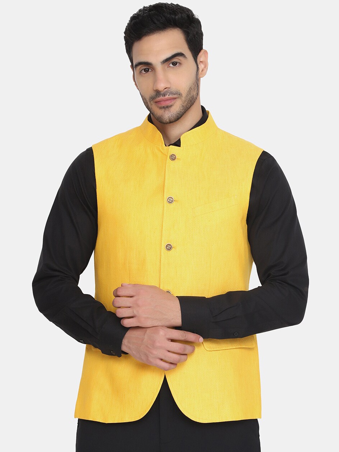 

Blackberrys Men Yellow Solid Slim-Fit Woven Nehru Jacket