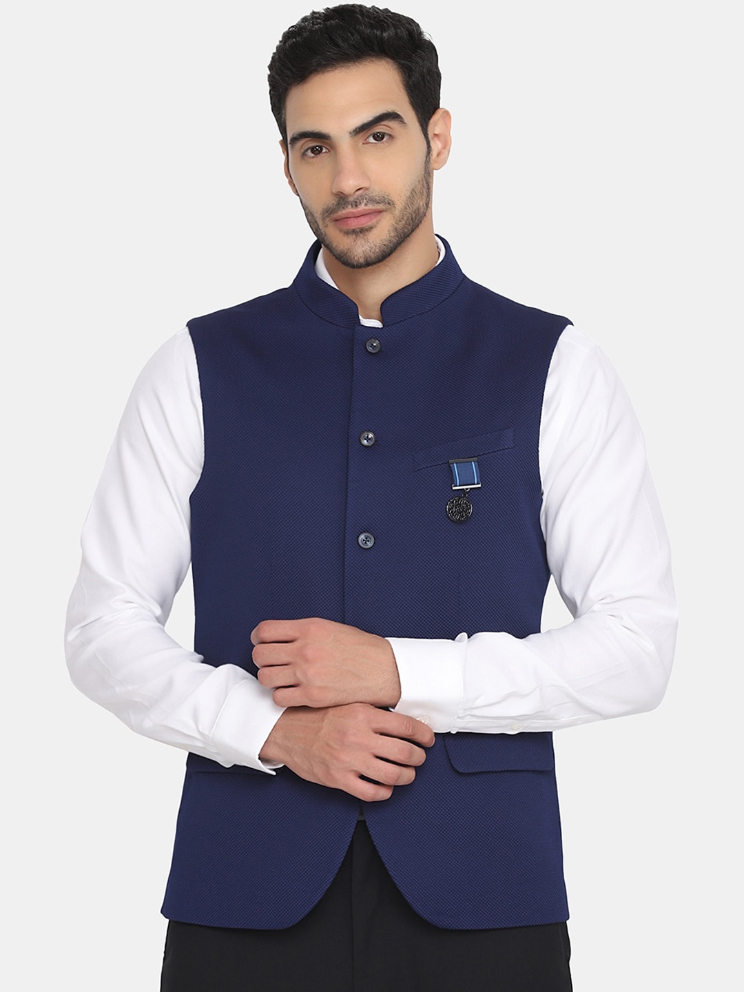 

Blackberrys Men Plus Size Navy Blue Solid Slim-Fit Woven Nehru Jacket