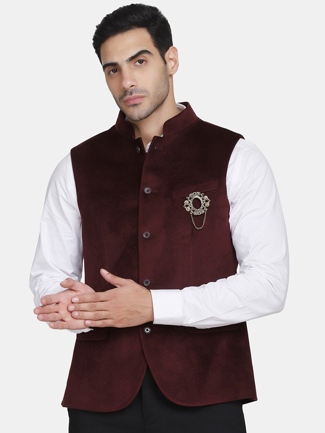 

Blackberrys Men Maroon Solid Slim-Fit Woven Nehru Jacket