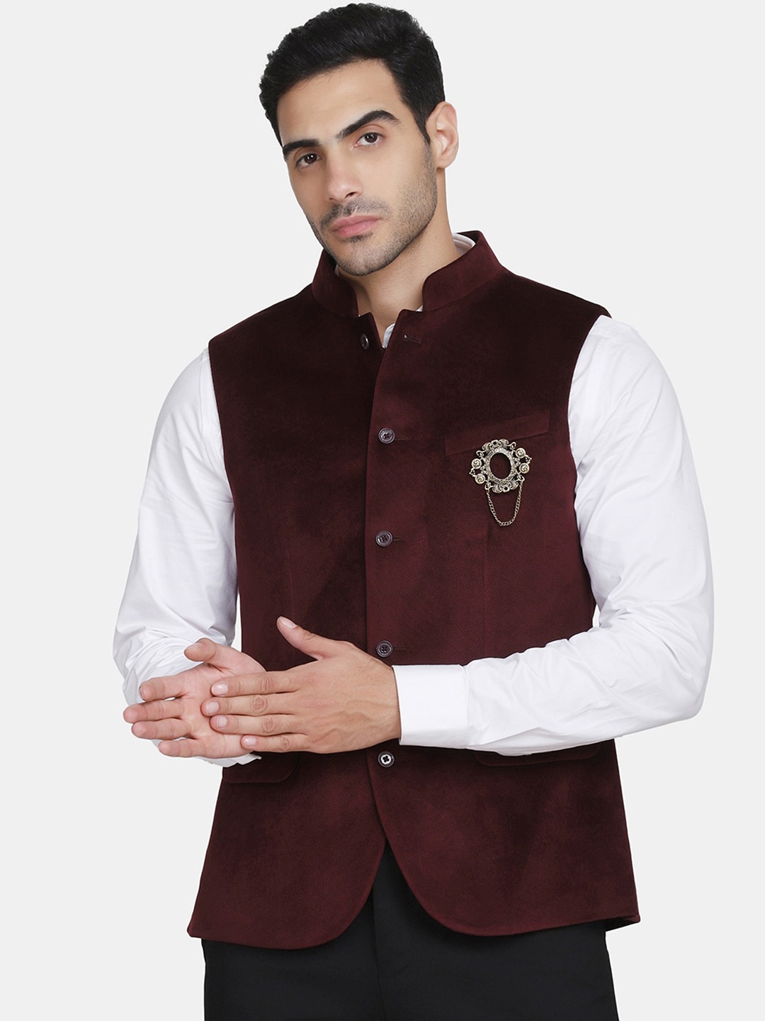 

Blackberrys Men Maroon Solid Slim-Fit Woven Nehru Jacket