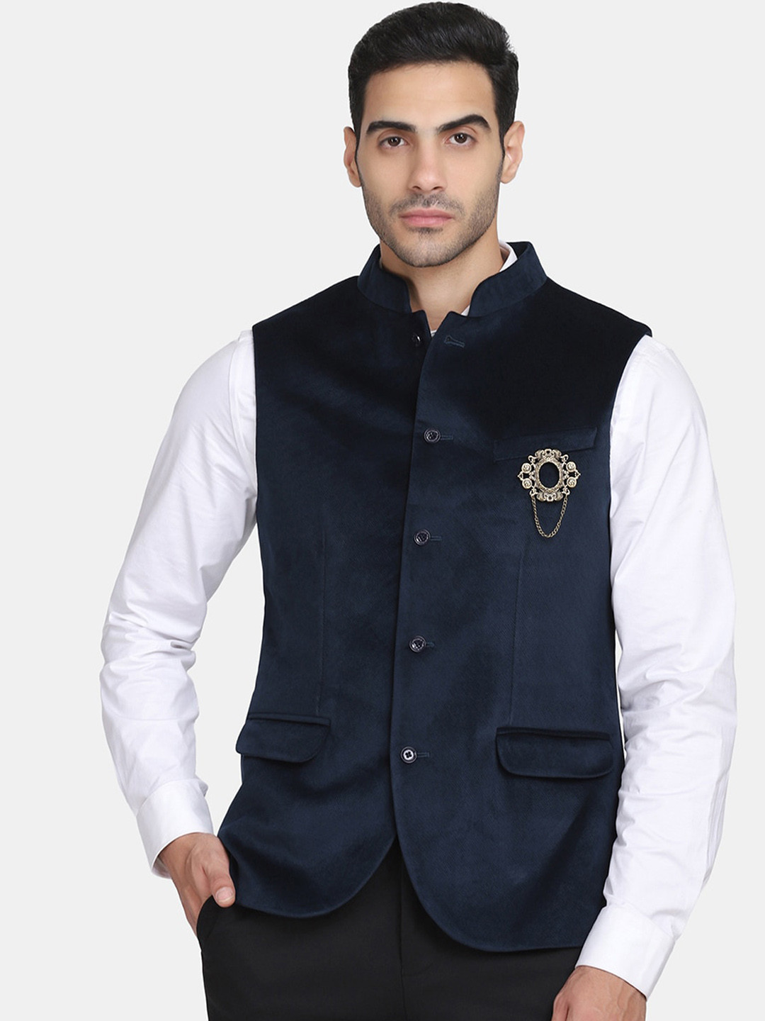 

Blackberrys Men Navy Blue Solid Slim-Fit Woven Nehru Jacket