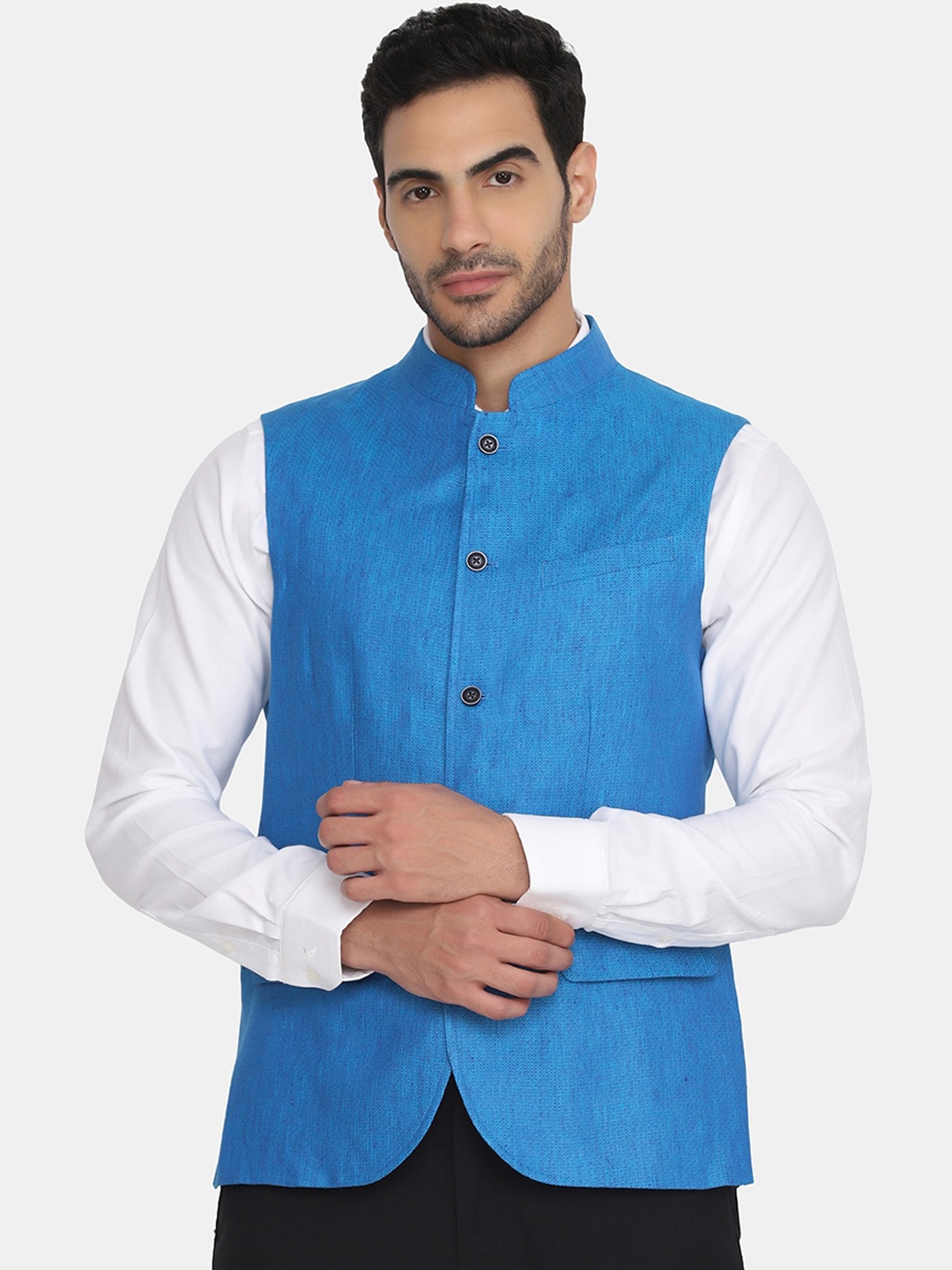 

Blackberrys Men Blue Solid Slim-Fit Woven Nehru Jacket