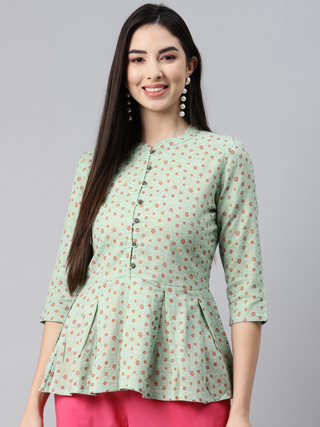 

HERE&NOW Women Green & Red Floral Printed Pure Cotton Kurti