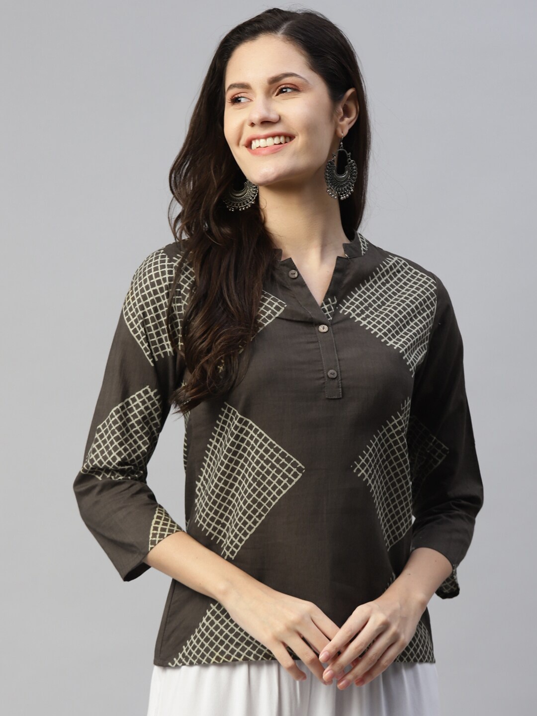 

HERE&NOW Grey Geometric Printed Pure Cotton Kurti
