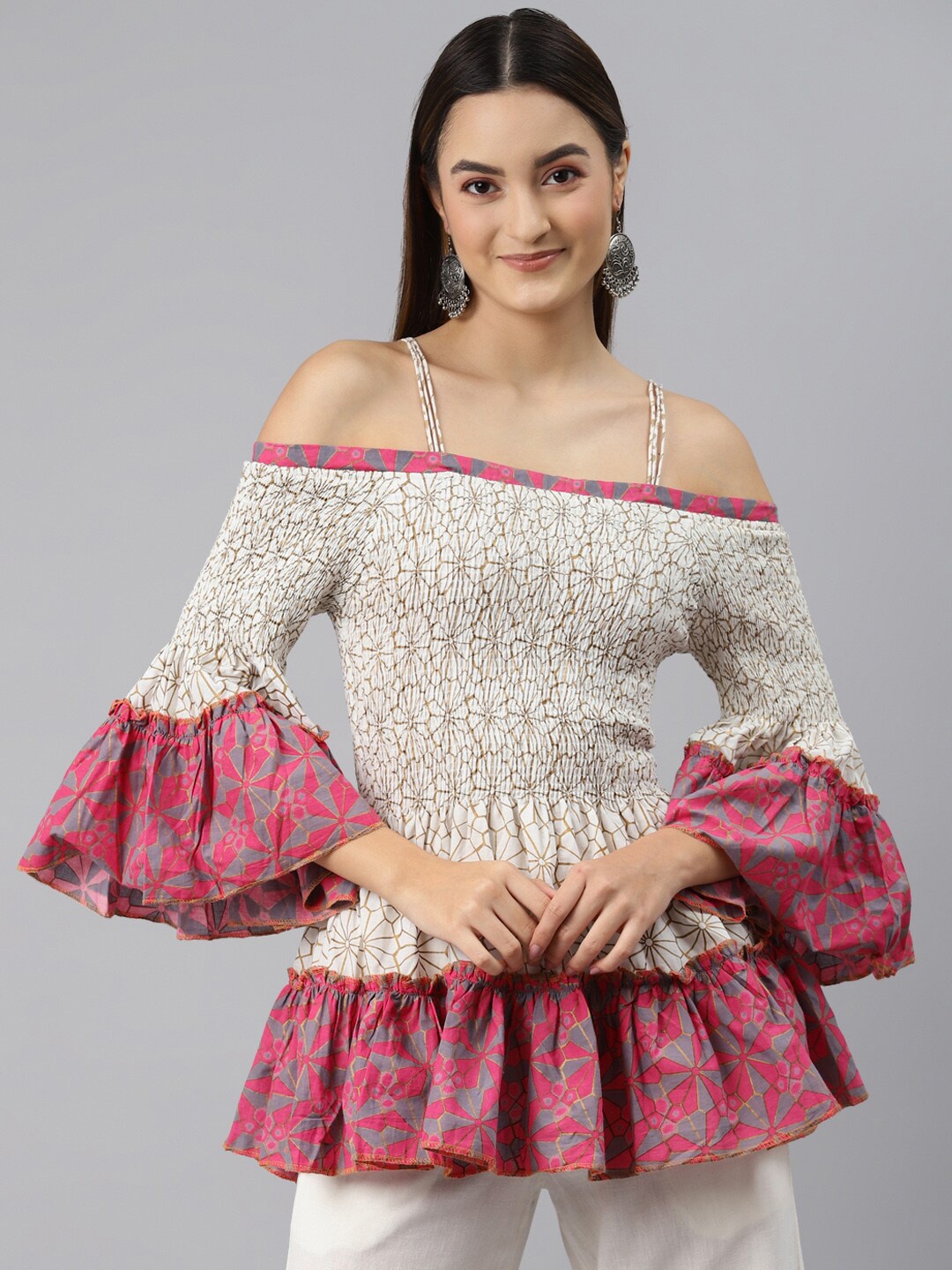 

HERE&NOW White & Pink Floral Print Off-Shoulder Top