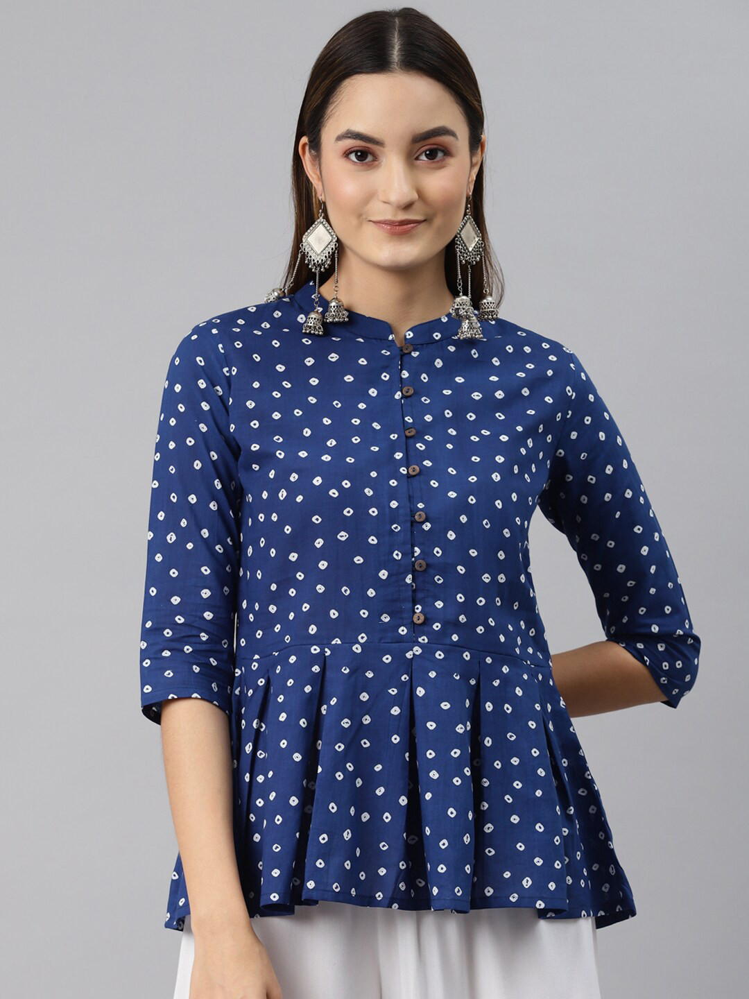 

HERE&NOW Blue Printed Pleated Pure Cotton Kurti