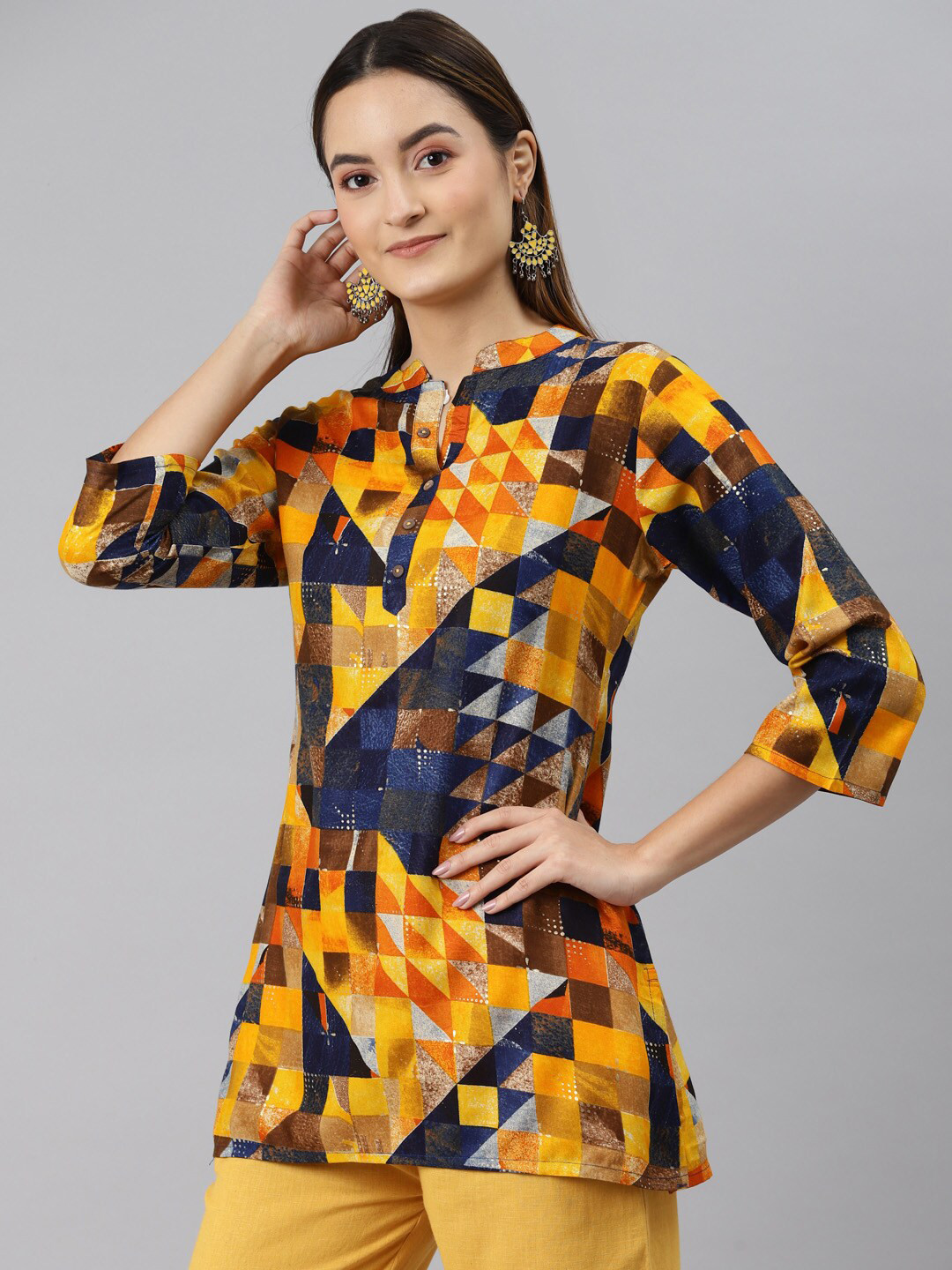

HERE&NOW Mustard Yellow Geometric Printed Kurti