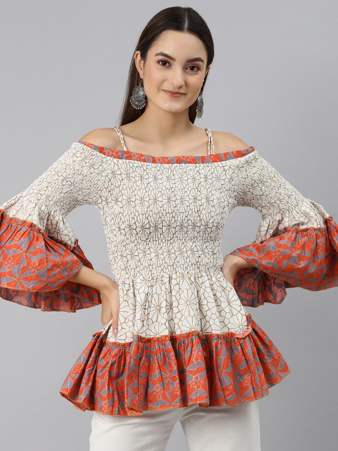 

HERE&NOW Women White & Orange Print Off-Shoulder A-Line Smocked Top